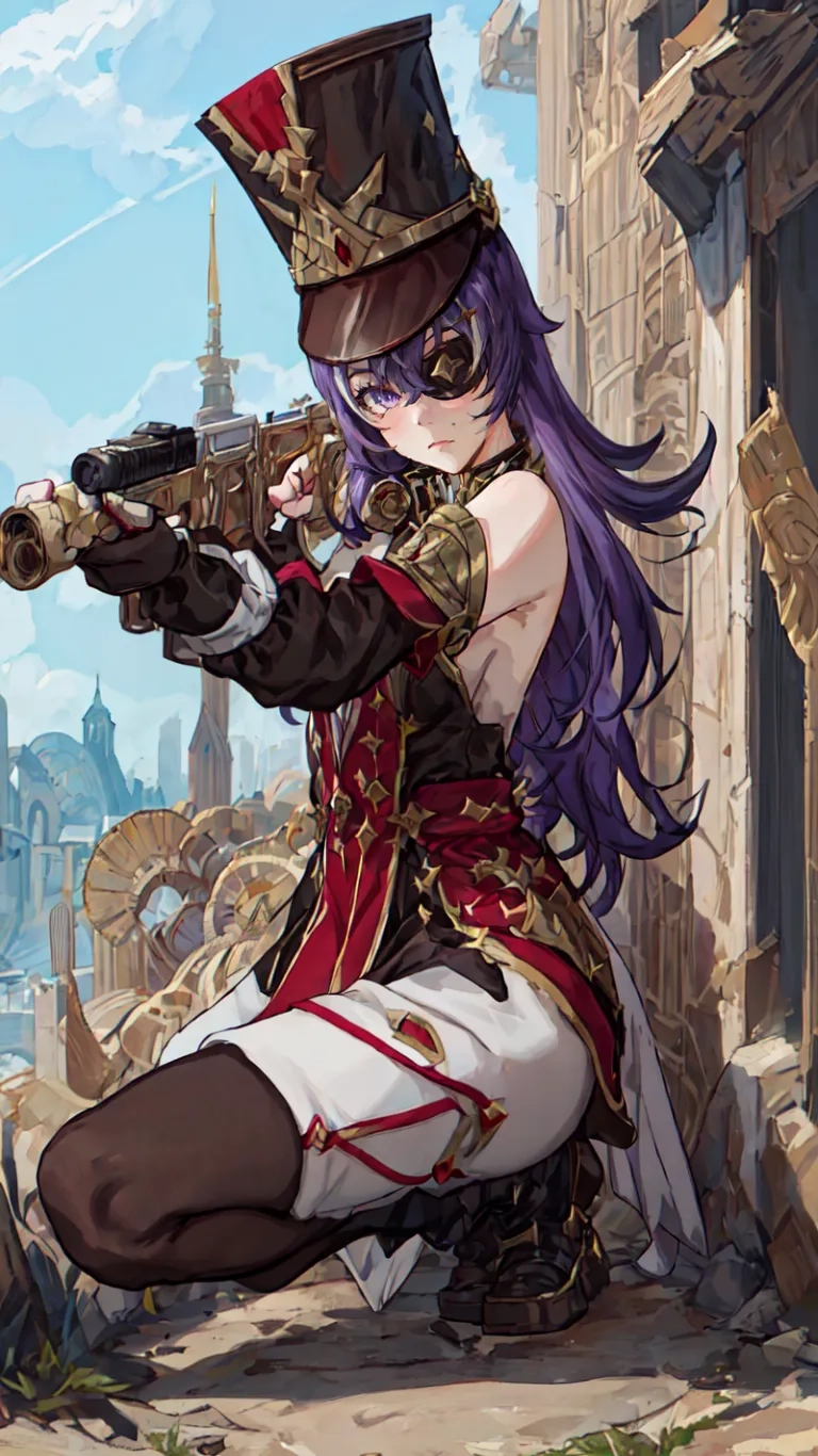 an anime character holding a gun in her hands on a ledge near a city and mountains in a fantasy setting with a large sky background, in the
