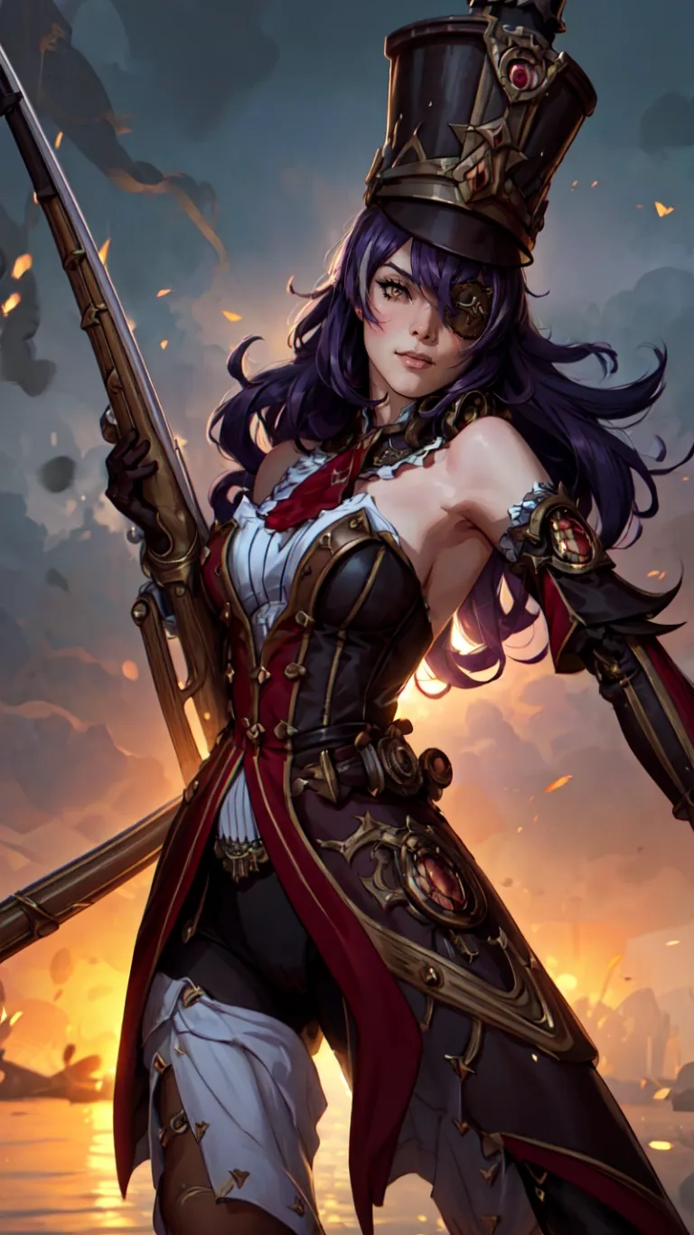 a woman dressed as an officer holding a sword and shotgun in a pirate scene with ships behind her her in the background is fiery light clouds and orange
