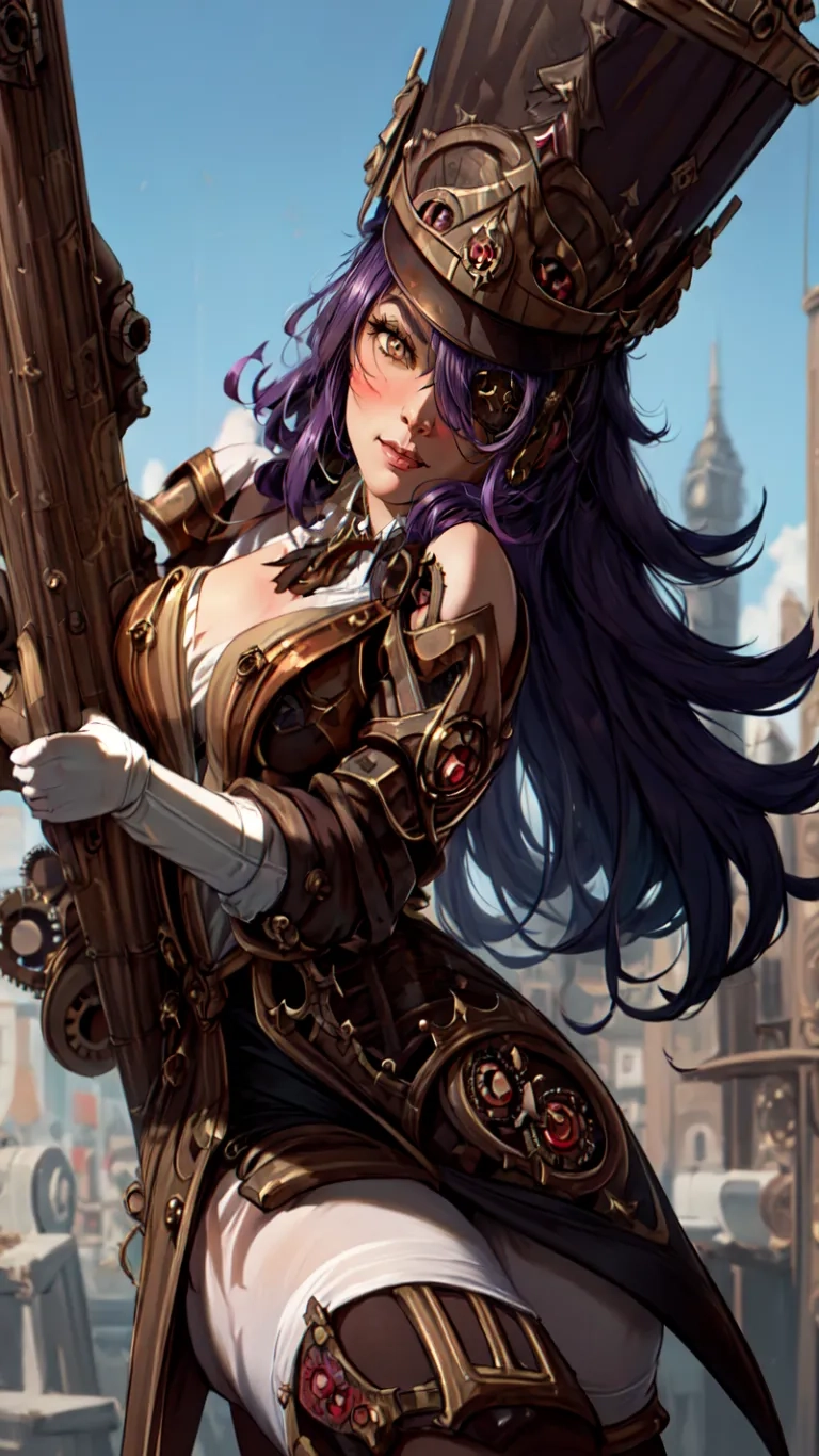 a woman in armor in a city with large spires and a clock tower below it it's top in the sky looking at the camera
