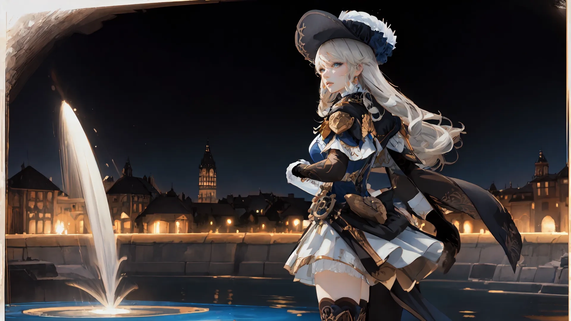 a rendering of a female character dressed in gothic costume and holding swords is shown in front of fountain and cityscape lit up in night skyscape
