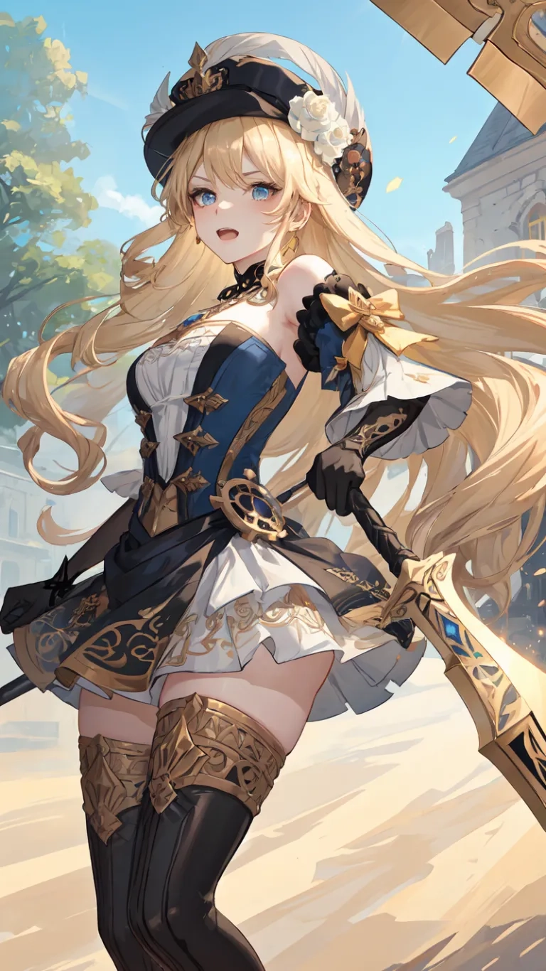 a person with a sword and a dress costume on and an outfit in the background with flowers and a church in the distance in her hair,
