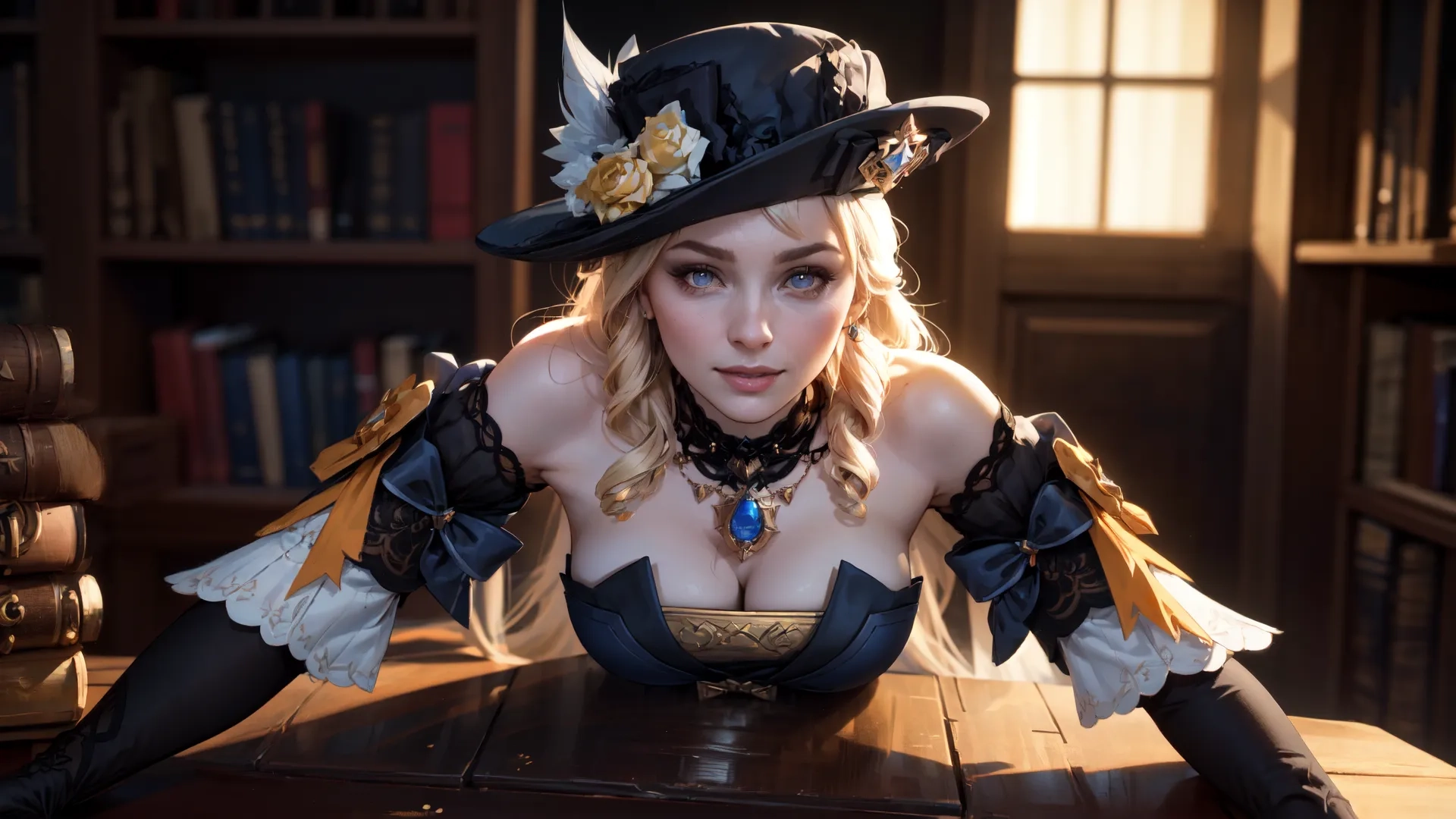 the lady dressed up in a cosplay outfit and a top hat with bird perched on her collar and wearing gloves and looking forward at the camera
