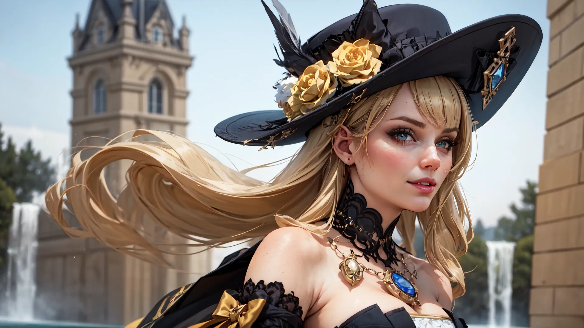 a woman with very large eyes is wearing a black hat and gold chains around her neck and an elaborately dressed neckpiece and head dress and
