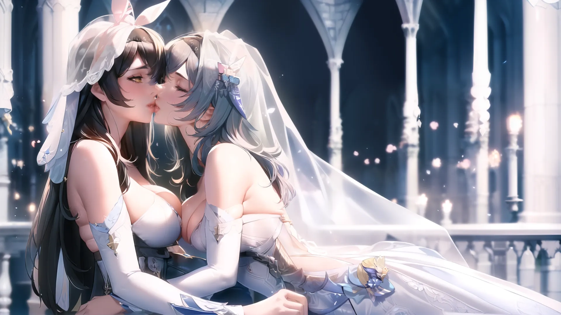two anime girls kissing while wearing formal clothes and holding umbrellas with a white veil covering them both looking like they're having something else,
