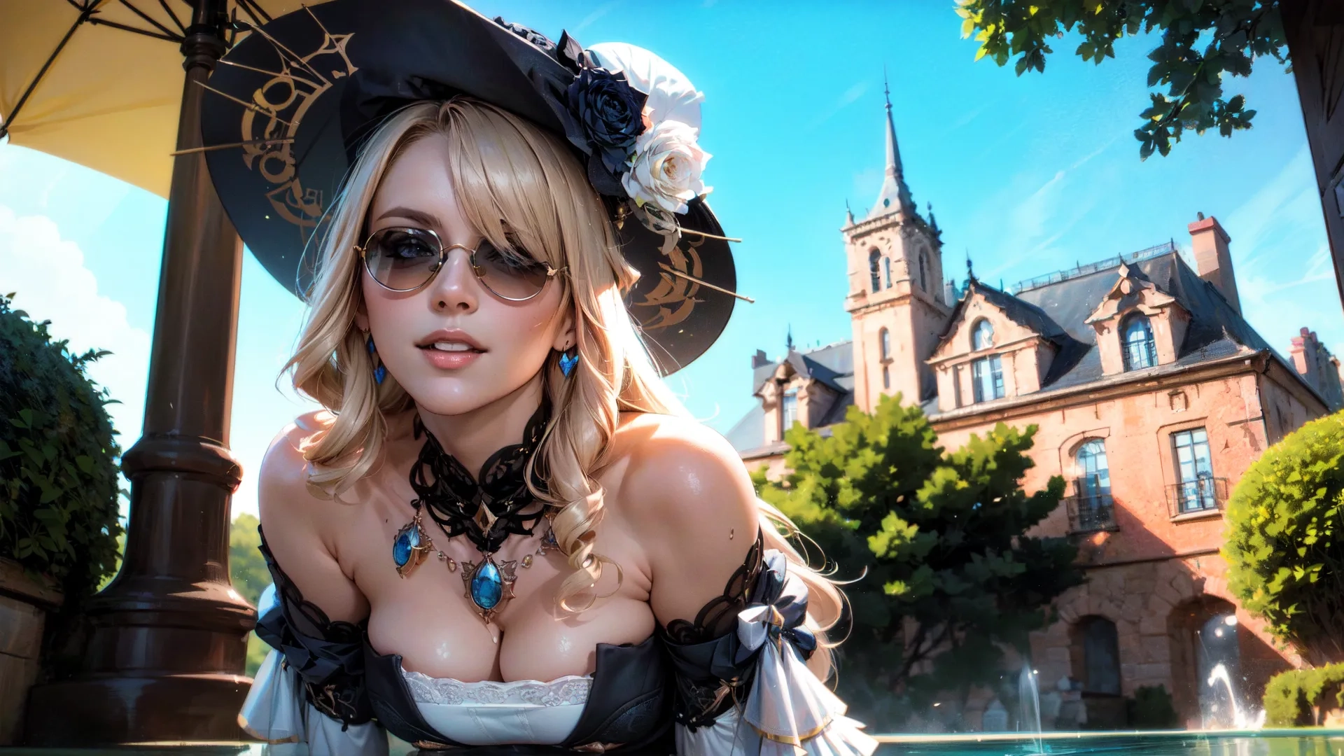 a blond woman in costume holding her breasts behind her back and posing for the camera near a fountain with an umbrella in front of her and mansion
