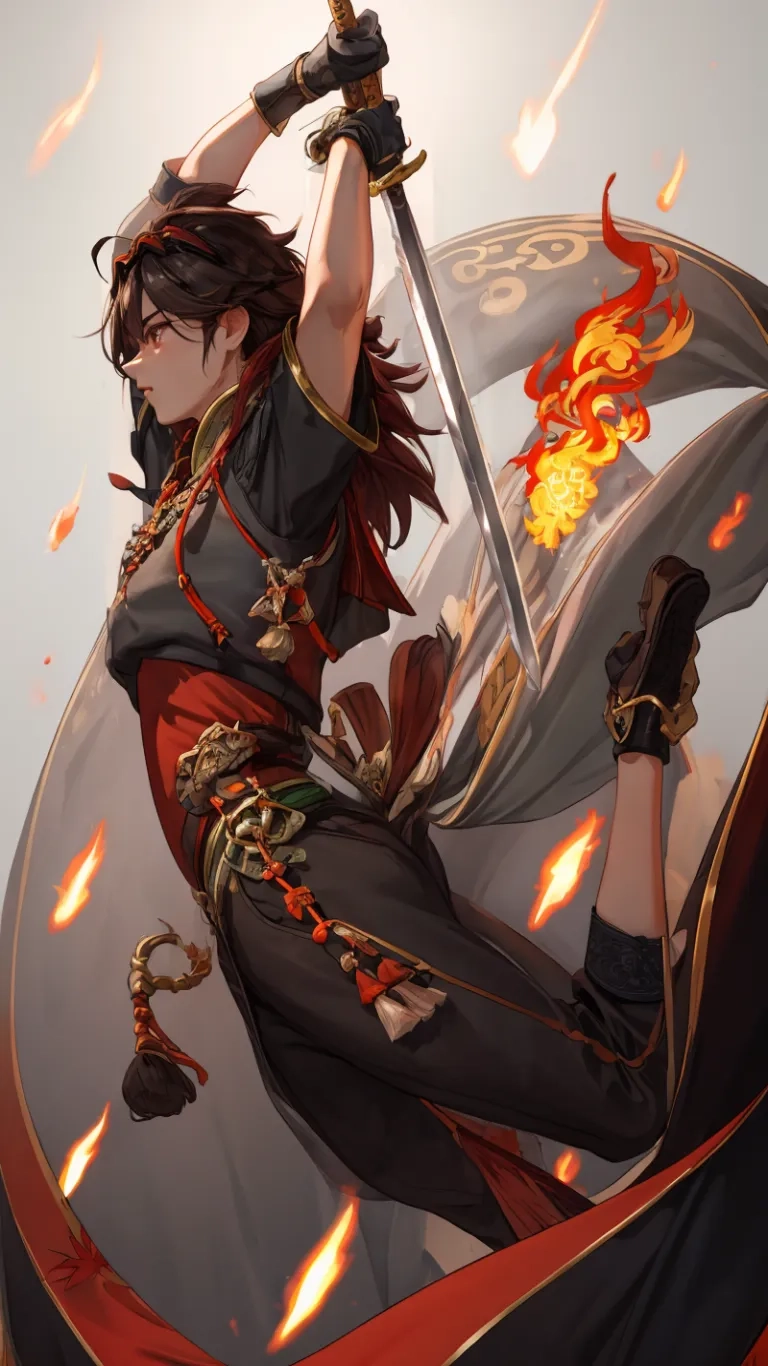 an anime character in fire outfit throwing flames while flying through the air with weapon and sword on his hand behind her are three birds flying around her
