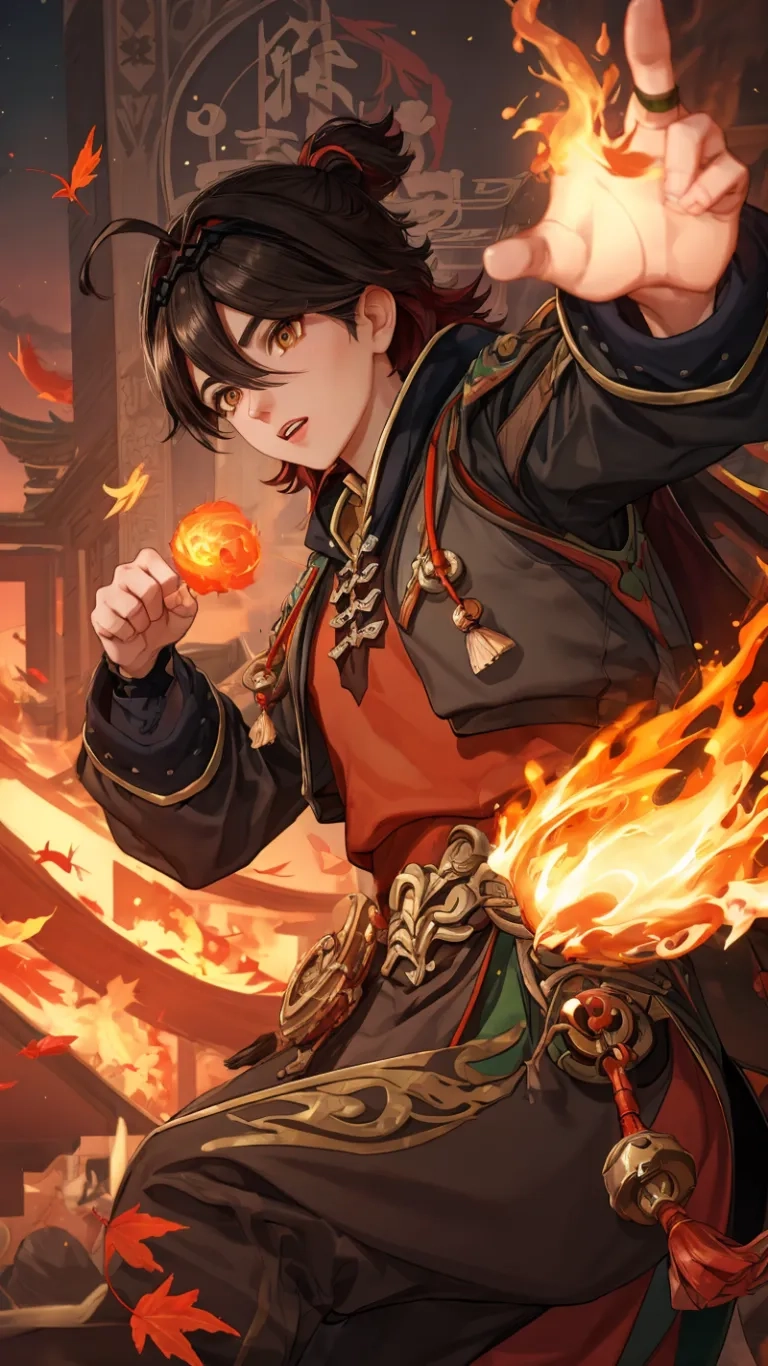 a anime character pointing towards something with some flames on their fingertips while kneeling in front of buildings and holding some leaves and flowers around his body,
