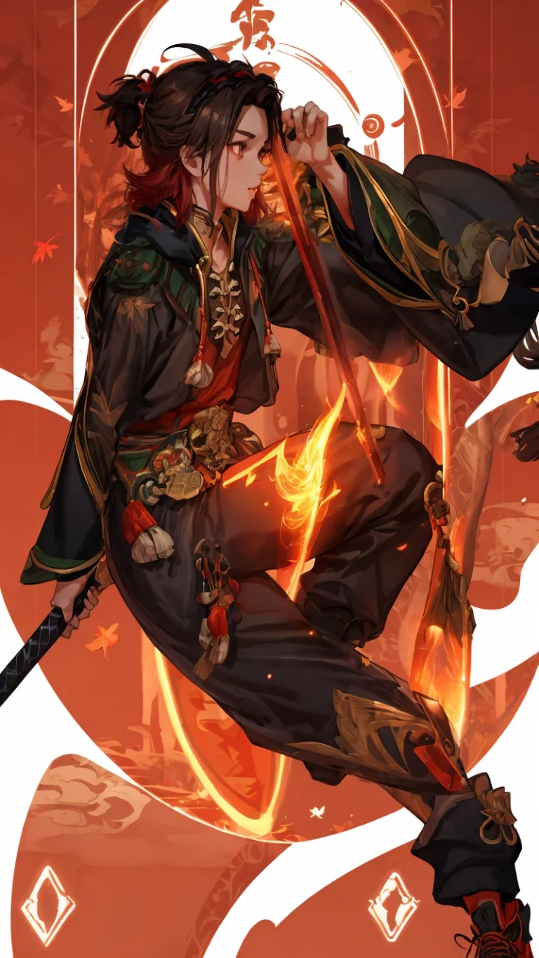 an anime drawing shows the face of the person dressed in a suit and with two sword's on a fire background is a circular sign with birds and leaves
