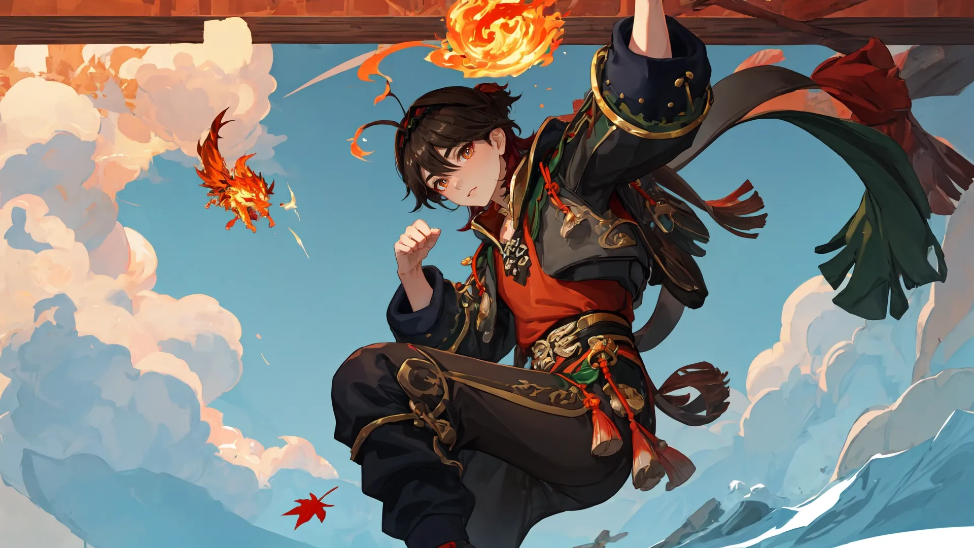 a young boy flying through the air surrounded by fire with wings outstretched and other dragon flying nearby on a sky background with clouds and red leaves around
