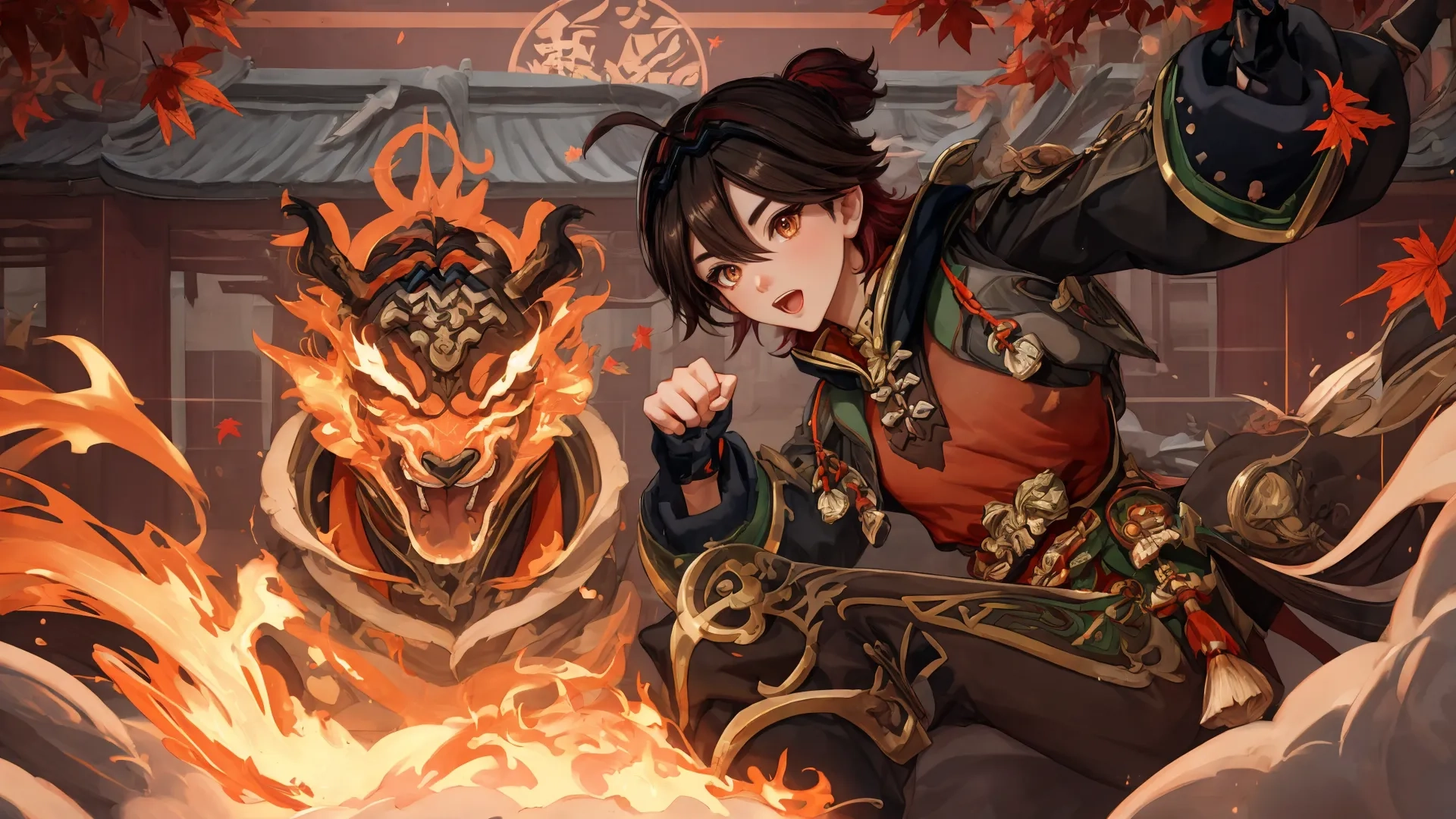 this is a painting of two asian women in a temple with fire coming from their chests for mercy, and they are fighting with two people around them
