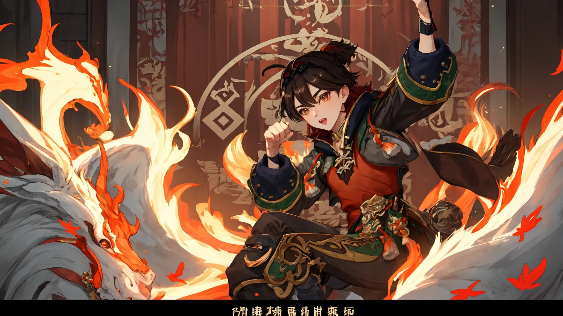 an oriental anime image that is drawn and edited up on the wall behind it are flames surrounding the woman who is touching herself with hand with her hair
