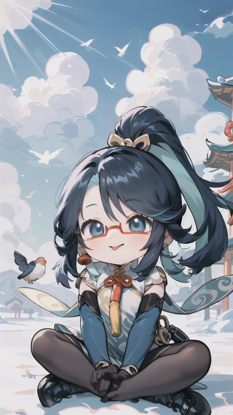 a girl with glasses sitting in the snow with a piece of parchment nearby her hand and bird perched on the edge of the ground to her feet
