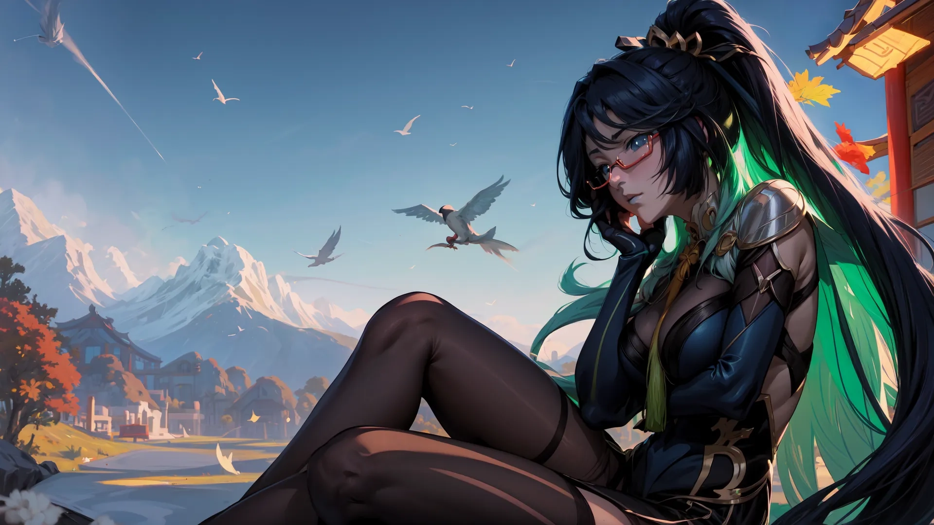 young female with long black hair sitting next to an umbrella looking away and into the distance with a mountain backdrop, birds in the sky and leaves flying in the foreground
