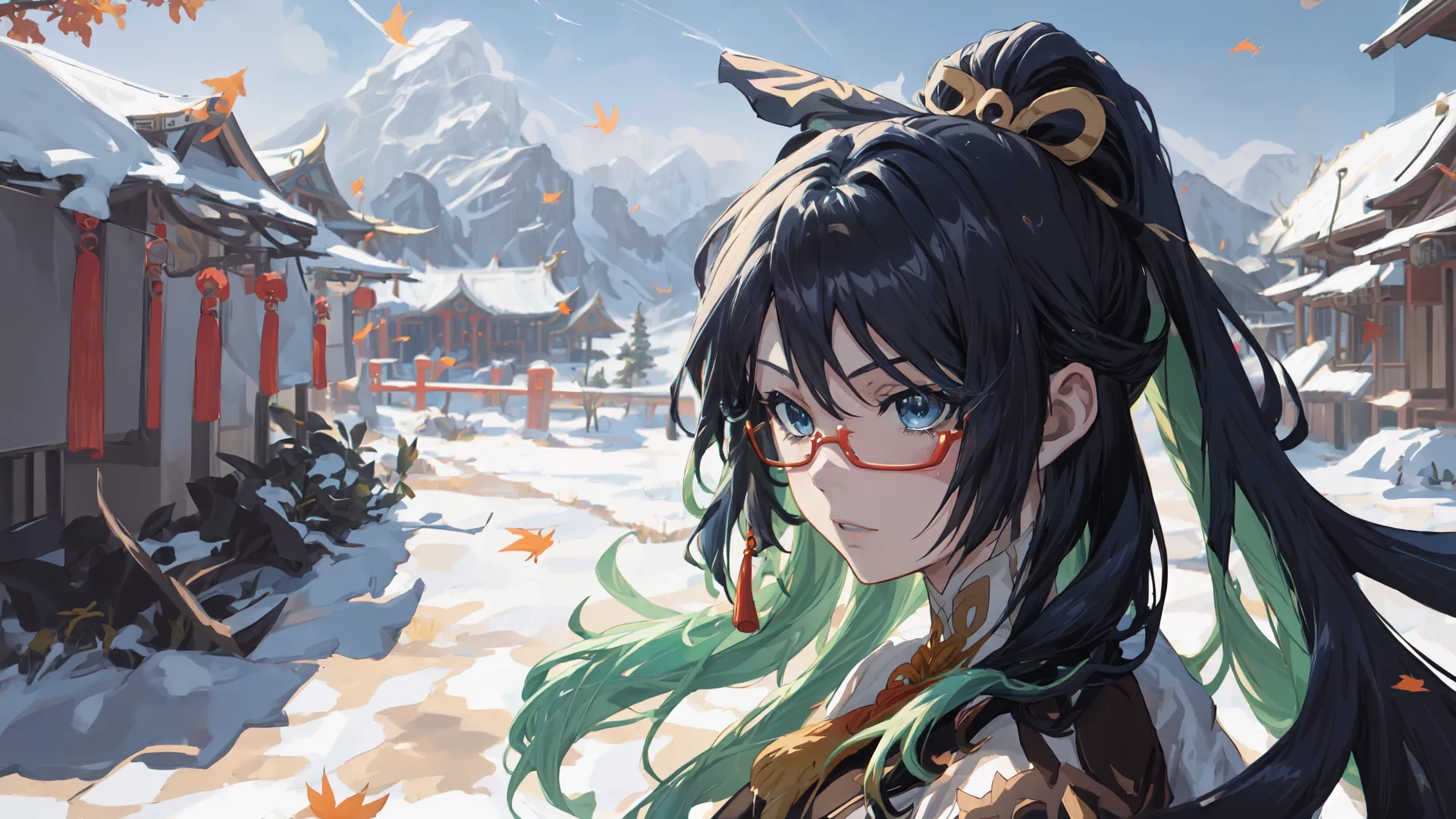 a anime girl with green hair and glasses is in front of houses on an empty street by water and mountain peaks and evergreen trees covered in snow
