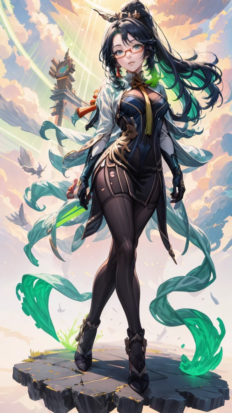 a cartoon image of a woman standing on top of a cliff surrounded by seaweed and birds, in her outfit and with an open green cape

