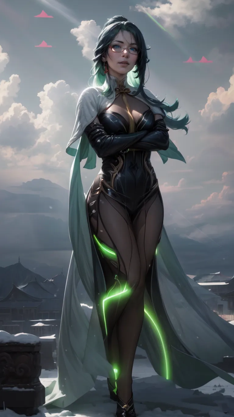 she has some big breasts and blue hair, and is standing on some rocks in the snow wearing long black clothes with neon green lights around her arms
