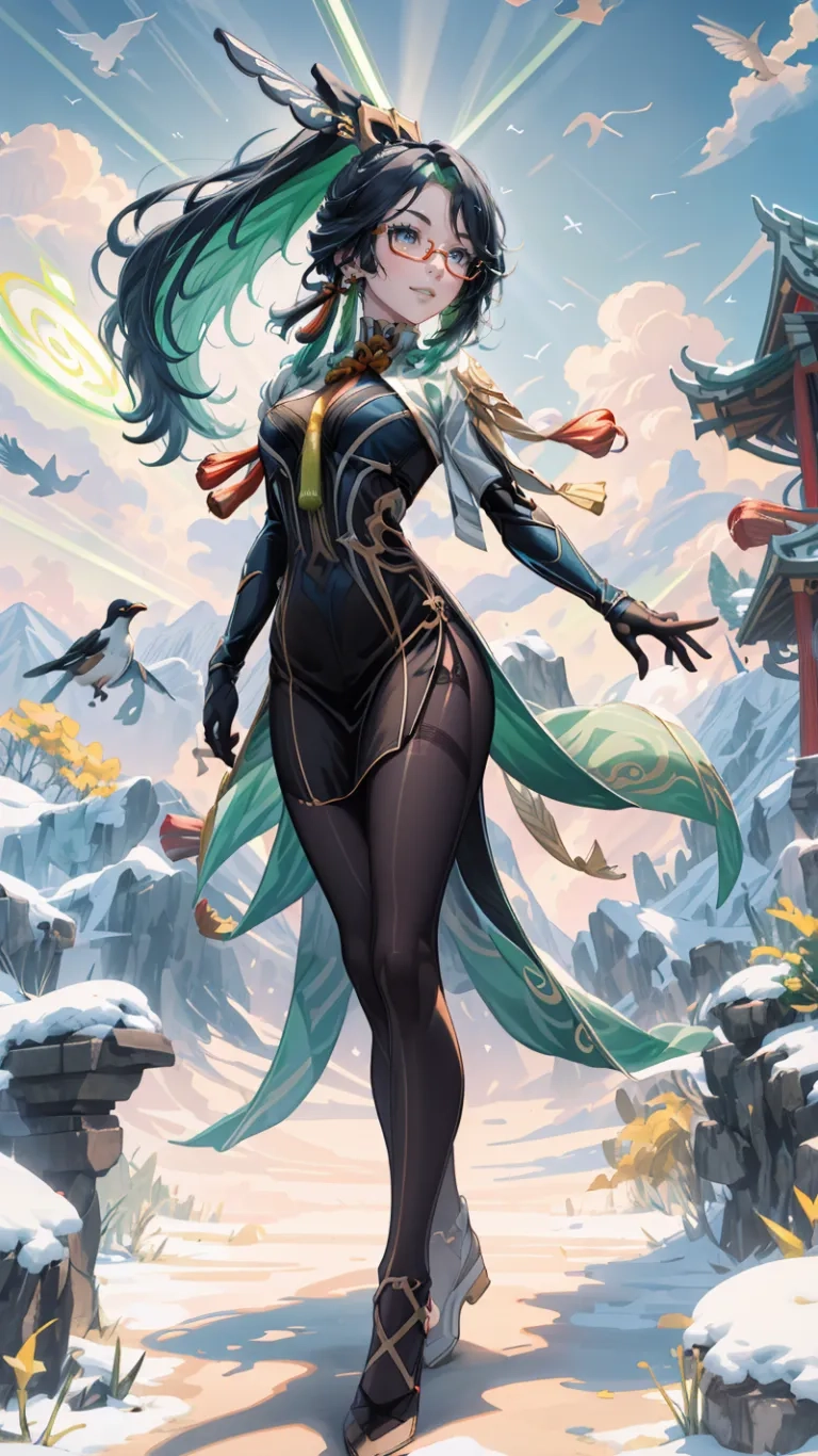 a woman in green clothing, with long black hair and headdrehes running over snow covered rocks and mountains under a blue sky with birds and clouds
