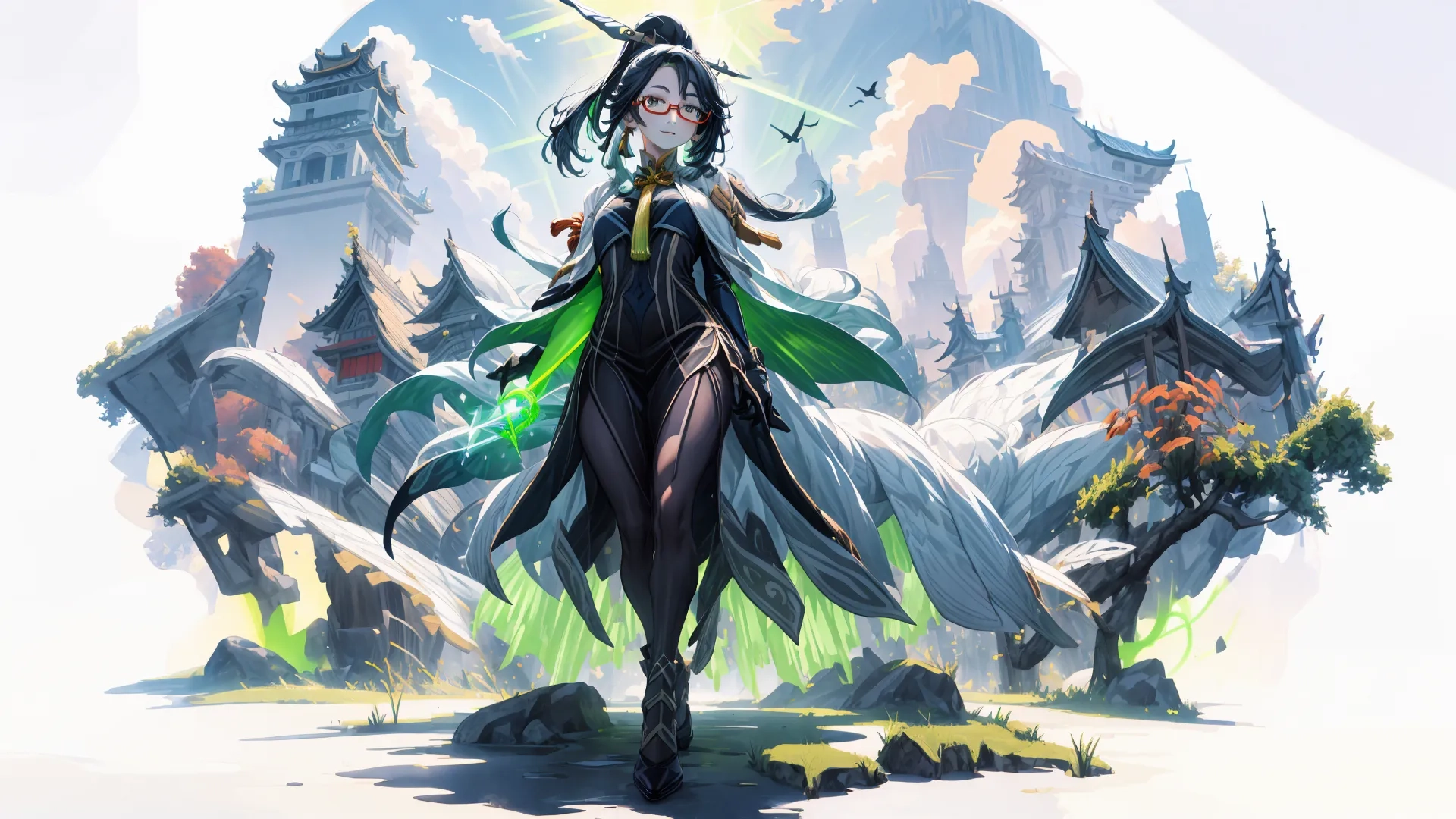 a girl in black outfit with green hair standing on a road by some trees near tall cliffs and houses on a sunny dayskyg landscape
