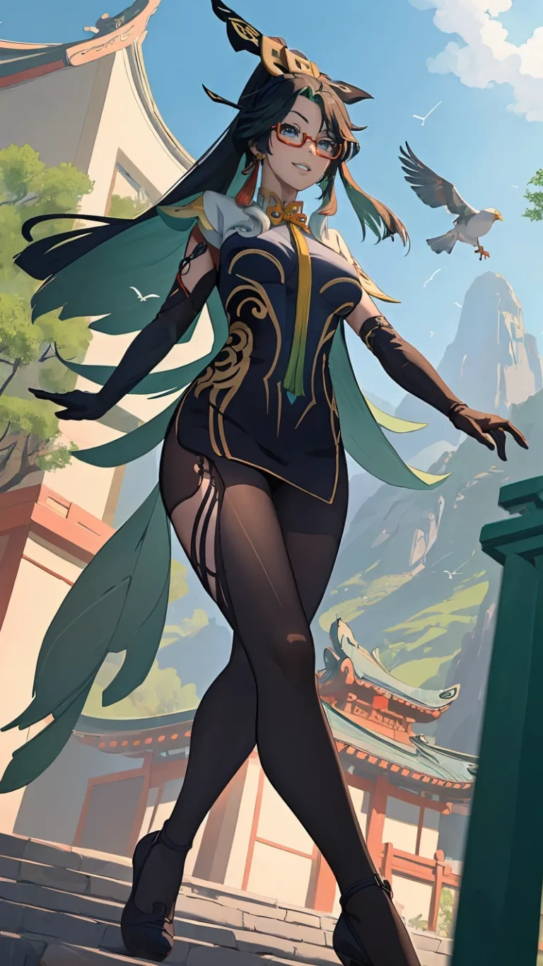 a anime woman is dressed to look like the ancient asian goddess of a temple and has green hair and is standing on stairs with two pigeons behind her
