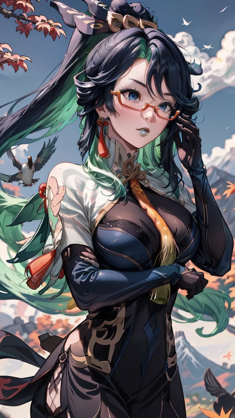 an anime that is wearing long hair and black glasses and has blue eyes and big sunglasses on top the body of the girl, in full outfit
