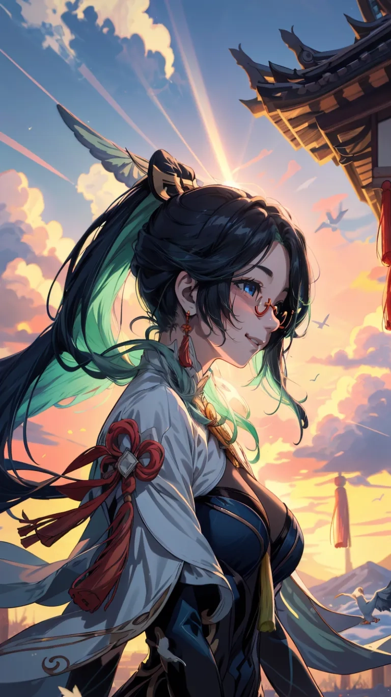 a girl walking down the street with long hair, and an oriental style outfit in her hands, with a sunset background behind her, on a backdrop of a hill
