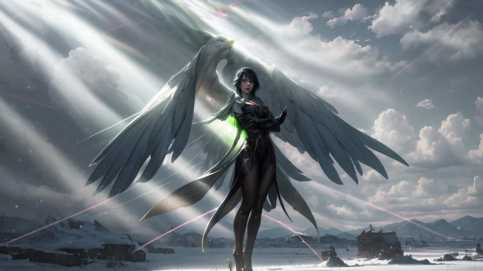 a man holding an angel in his arms with a large body and big wings while on the snow covered ground and lights are shining in the distance behind
