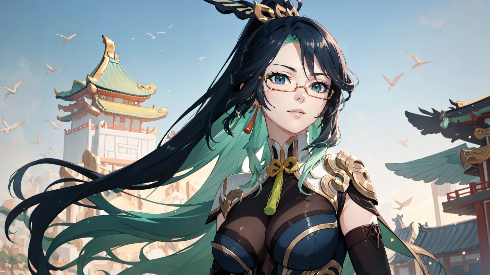 an anime avatar features a very attractive woman with long green hair and glasses on her face, surrounded by a pagoda background and birds flying overheads
