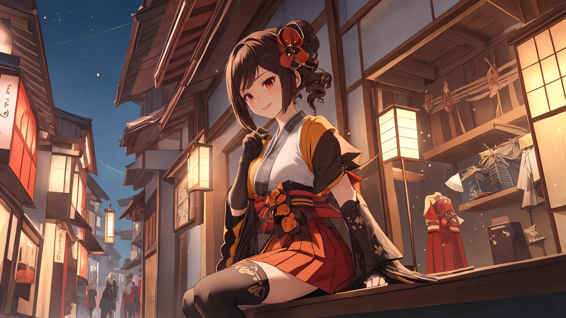 a drawing of a woman is sitting on a railing in an ancient japanese town at night and wearing red and black clothes and hair with accessories, and boots
