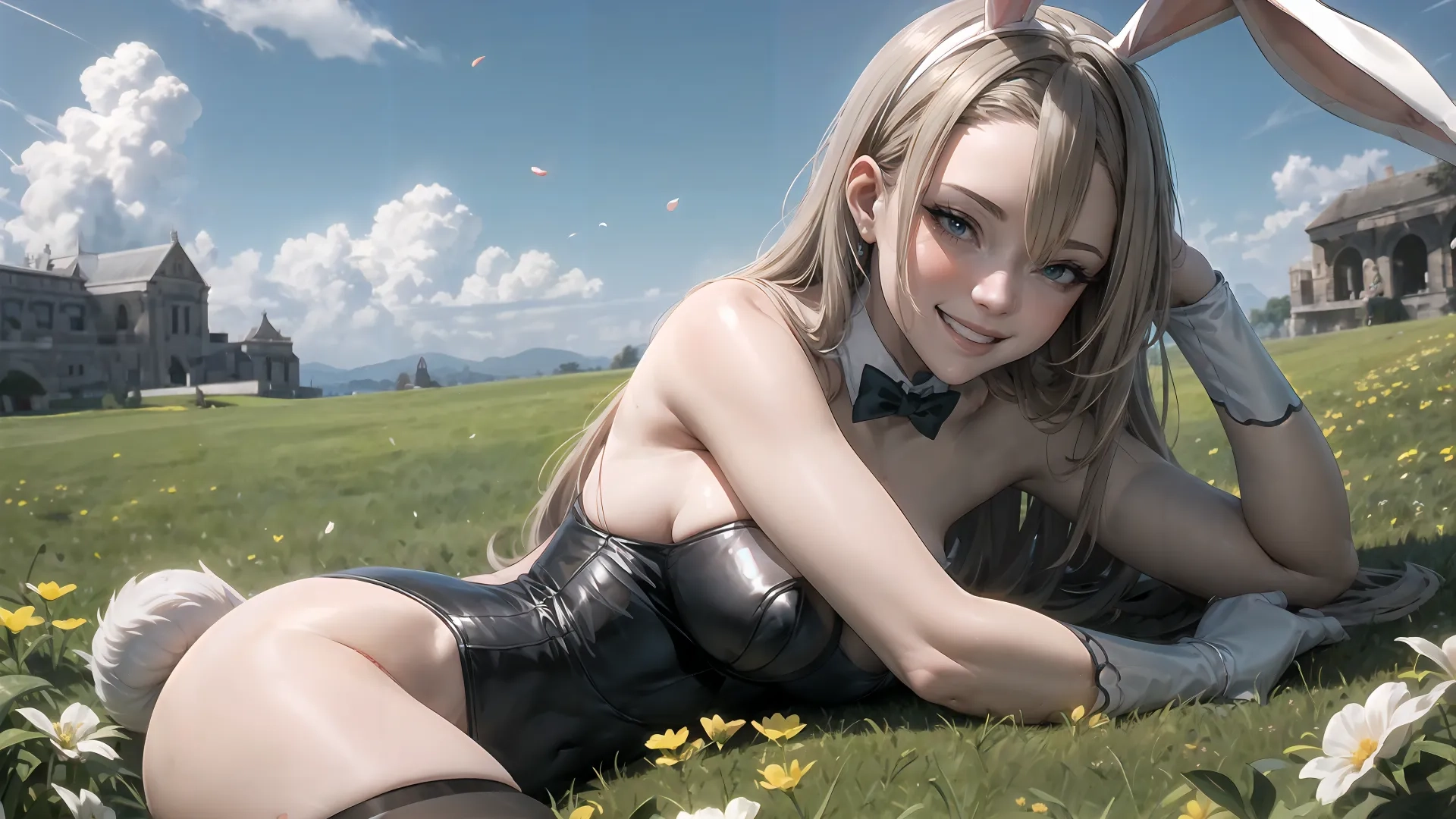 a very young woman in leathers laying on grass with ears up and stockings over her legs, and the sky filled with clouds above the horizon
