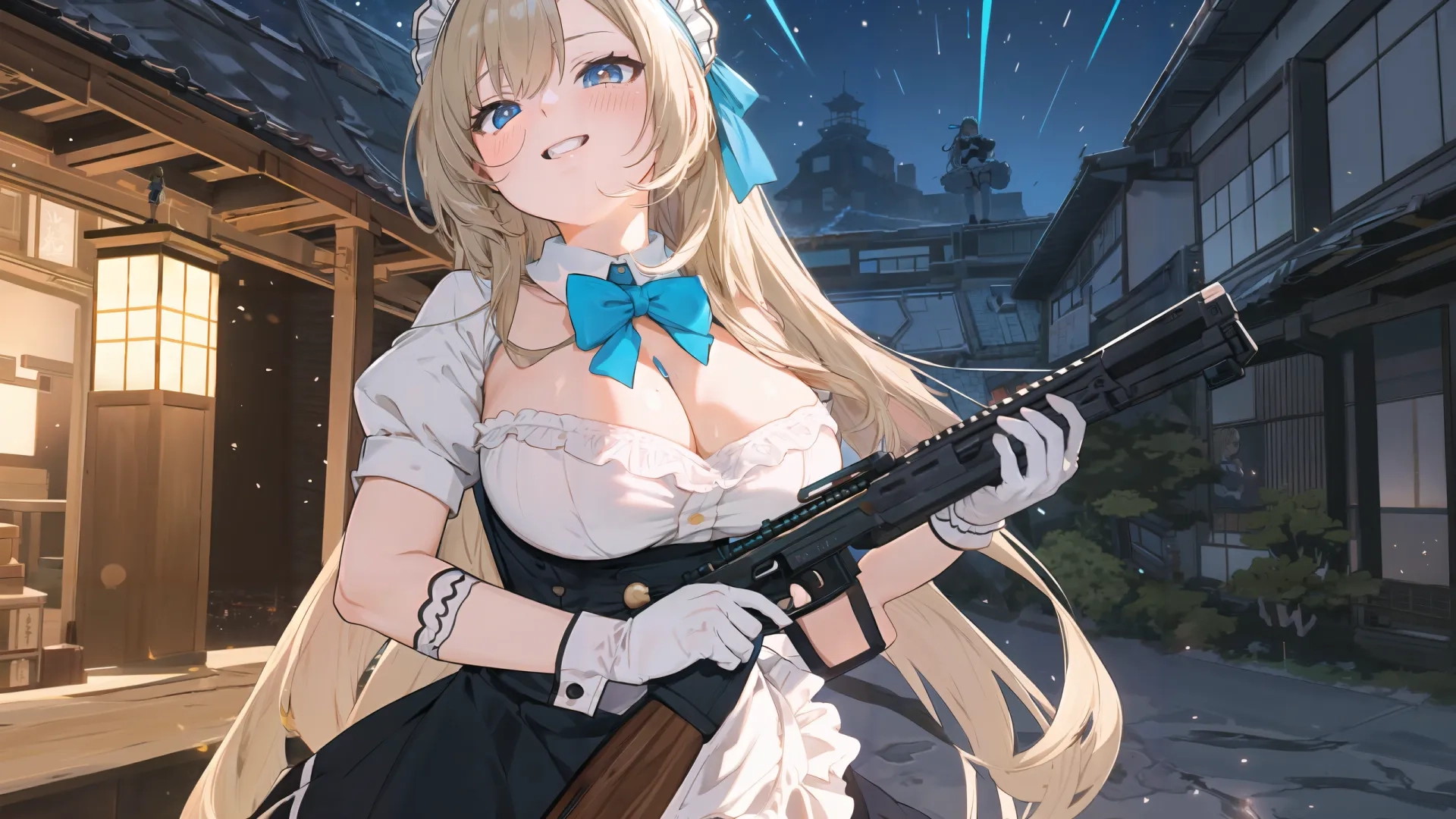 the anime character with a gun stands outside her home while holding a gun and wearing gloves with bows and bow ties in it's night time
