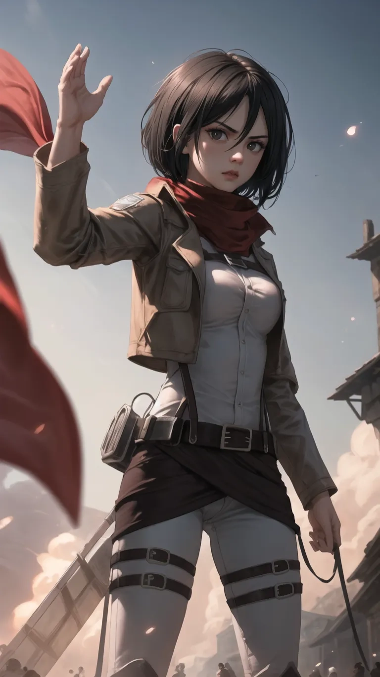 a young girl dressed in gray and red on top of an urban setting holding up a flag, with her hands raised to the sides and looking at something
