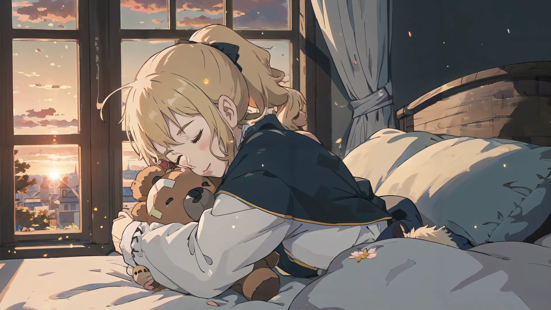 an anime - style scene with a girl laying in bed and holding a teddy bear near the window to catch the sun on a cloudy day with a background in the sky
