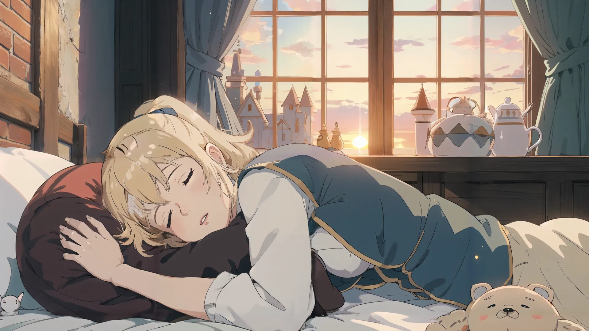 there is a girl that is laying in bed hugging a teddy bear, with some snow capped mountains outside her window behind her, in the background is a backdrop
