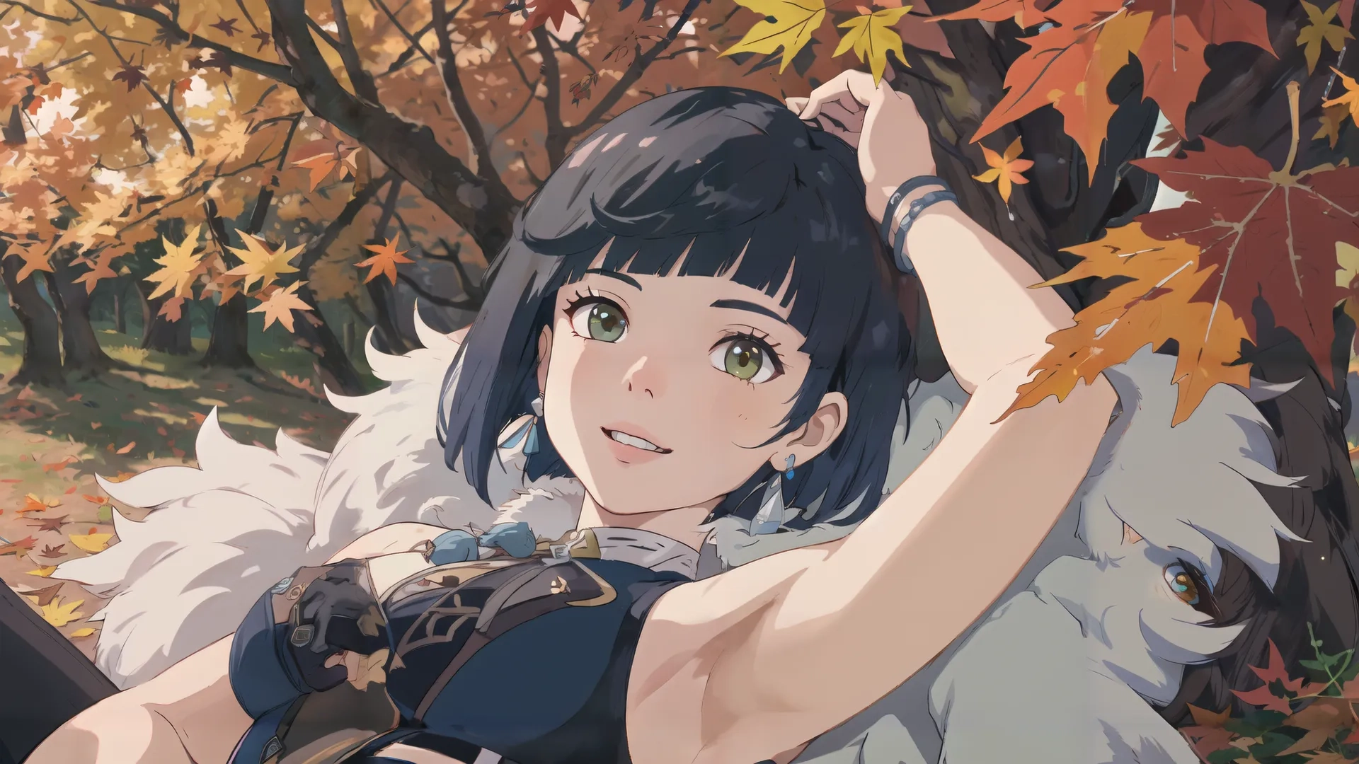 a woman laying on a ground surrounded by leaves in an anime game screenshots style with the girl lying against her back on one arm, holding the other hand
