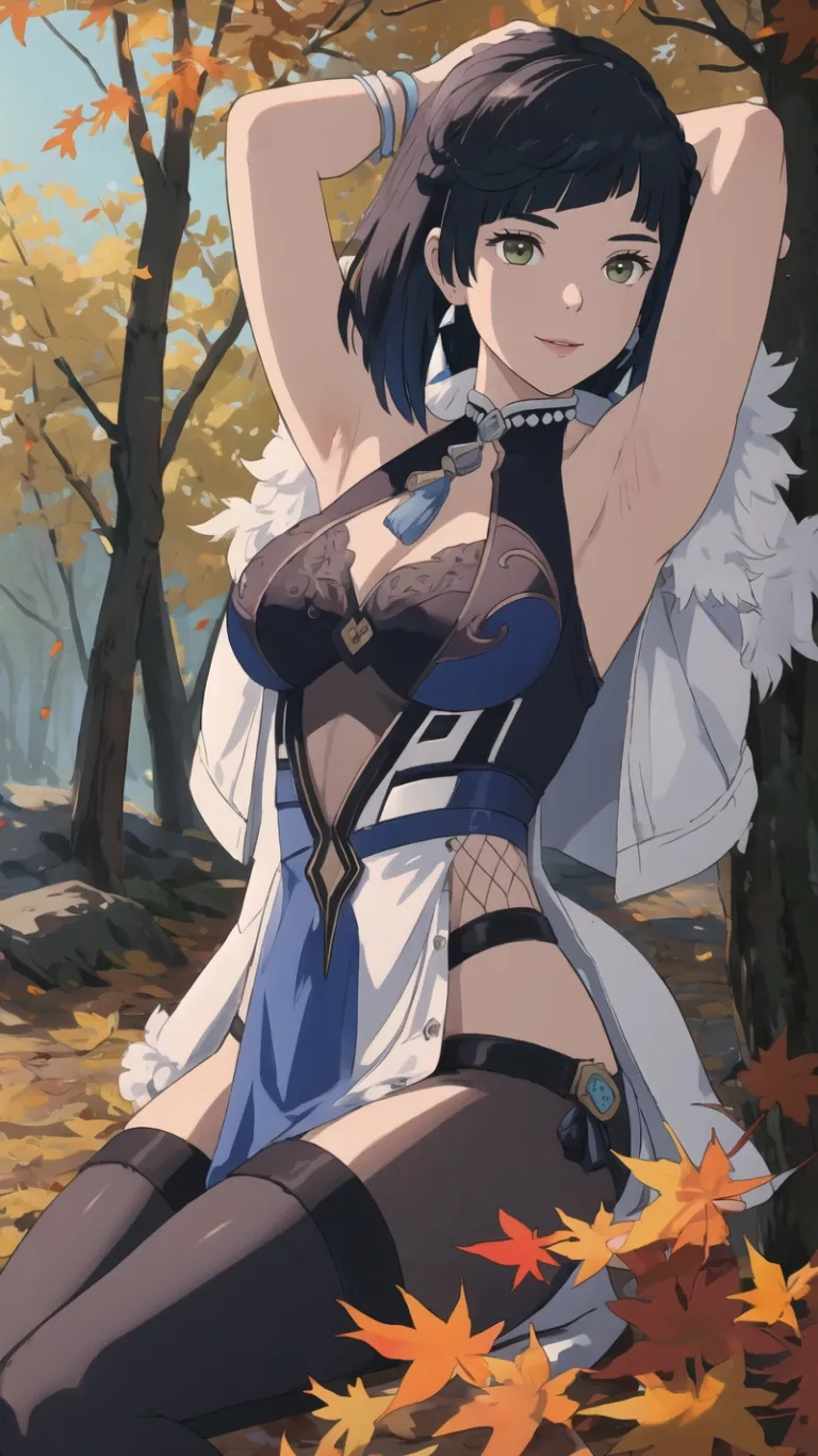 a girl with long black hair and blue dress sitting in autumn leaves, and wearing stockings, looking down and leaning back into her hands on her head under arm
