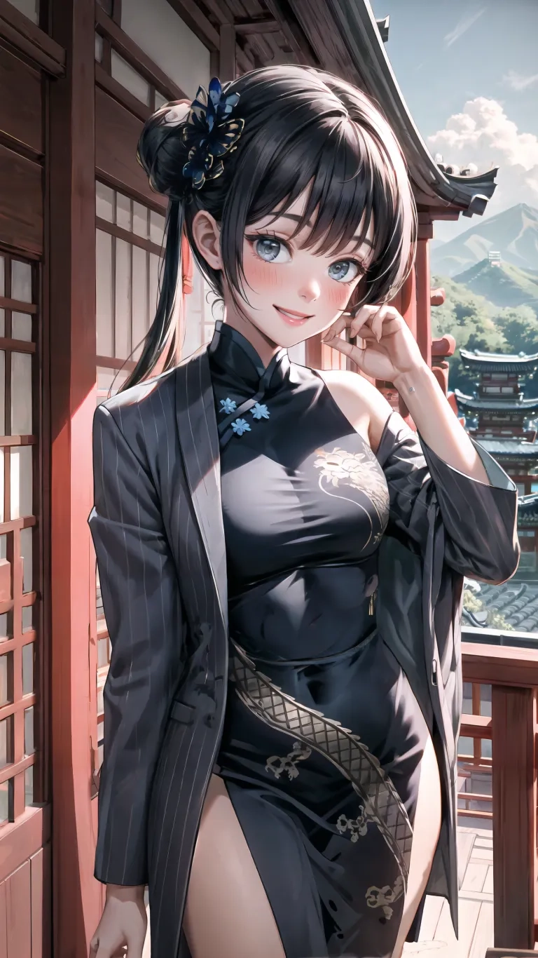 a woman in asian clothing with blue eyes and her shirt pulled up is posing next to a building with a valley in the background by a riverbank of water
