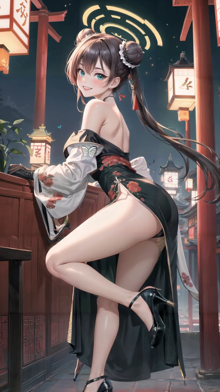 a sexy woman is in her asian dress and lingers down on the floor, with a lot of feet propped on the floor she is an oriental signboard at a gate
