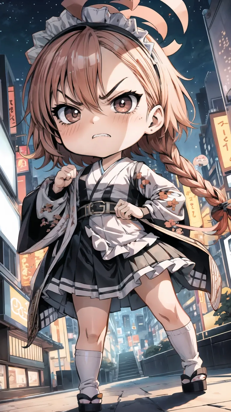 anime woman in a maid costume holding her arms out while walking on the street with a umbrella in her hand and buildings behind her and street lamps in the sky
