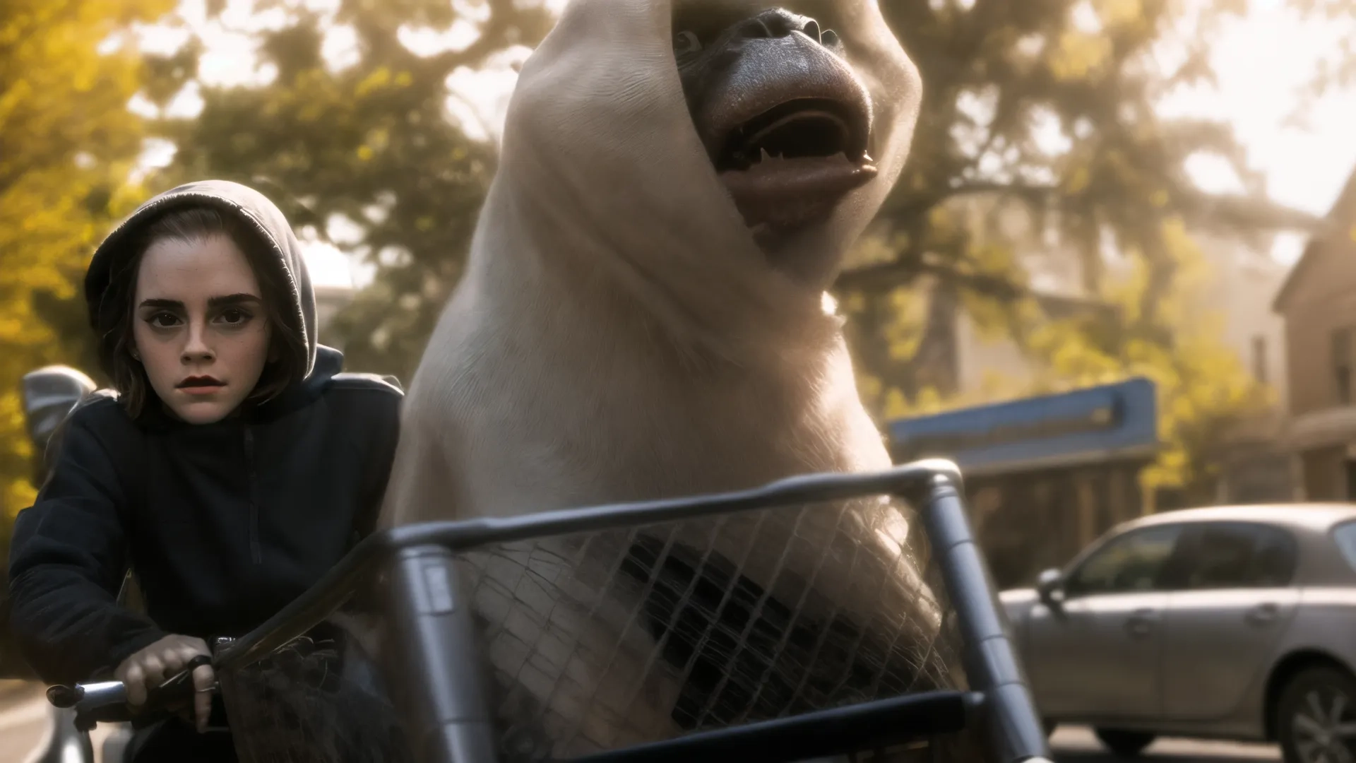 a woman riding a bike in front of a bear statue, in the middle of a city street with houses and trees in the distance in the background, and cars parked vehicles
