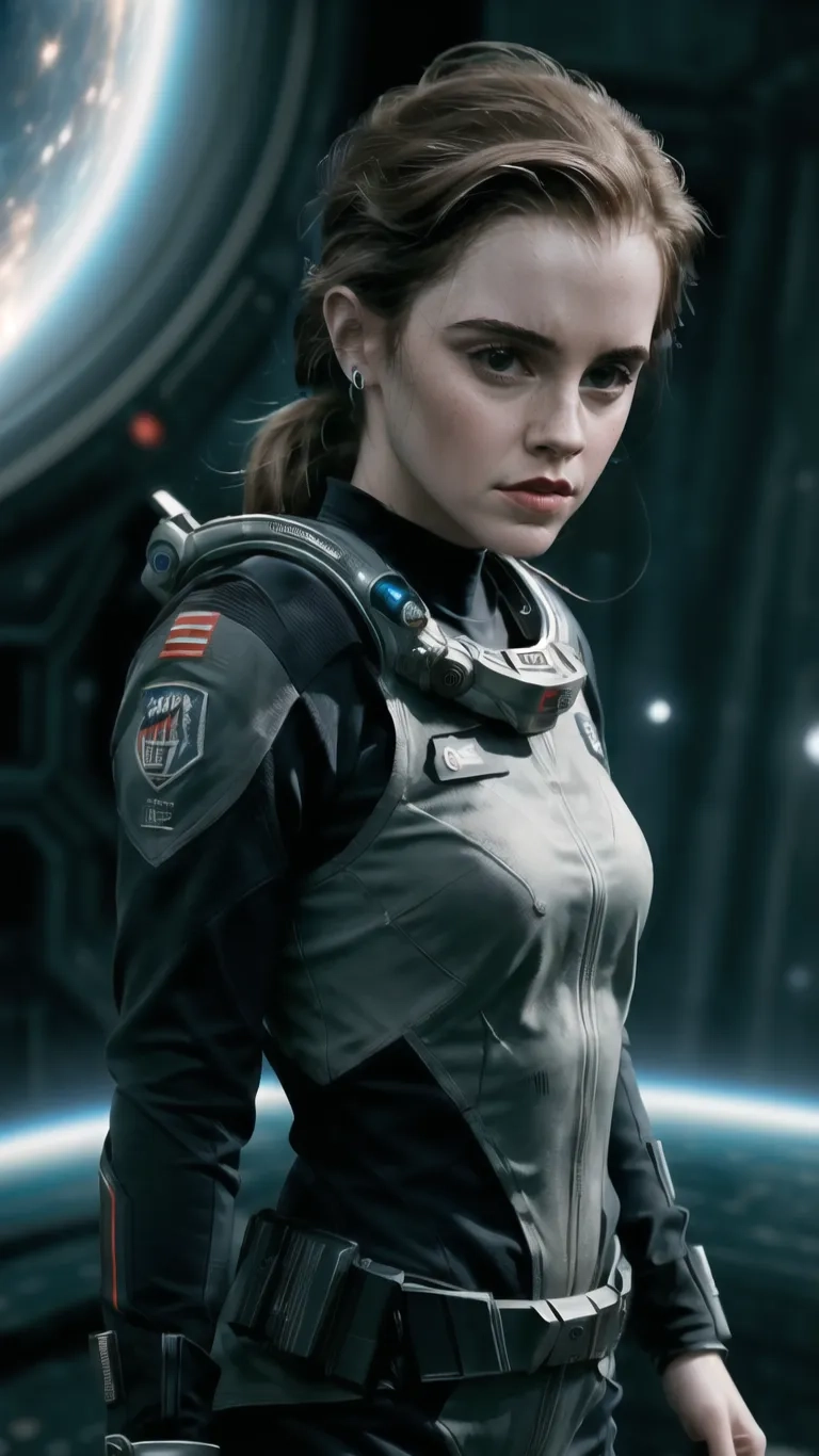 the girl in space looks over her shoulder and is looking at something at him with a serious look on her face while standing inside a deep space station, with space
