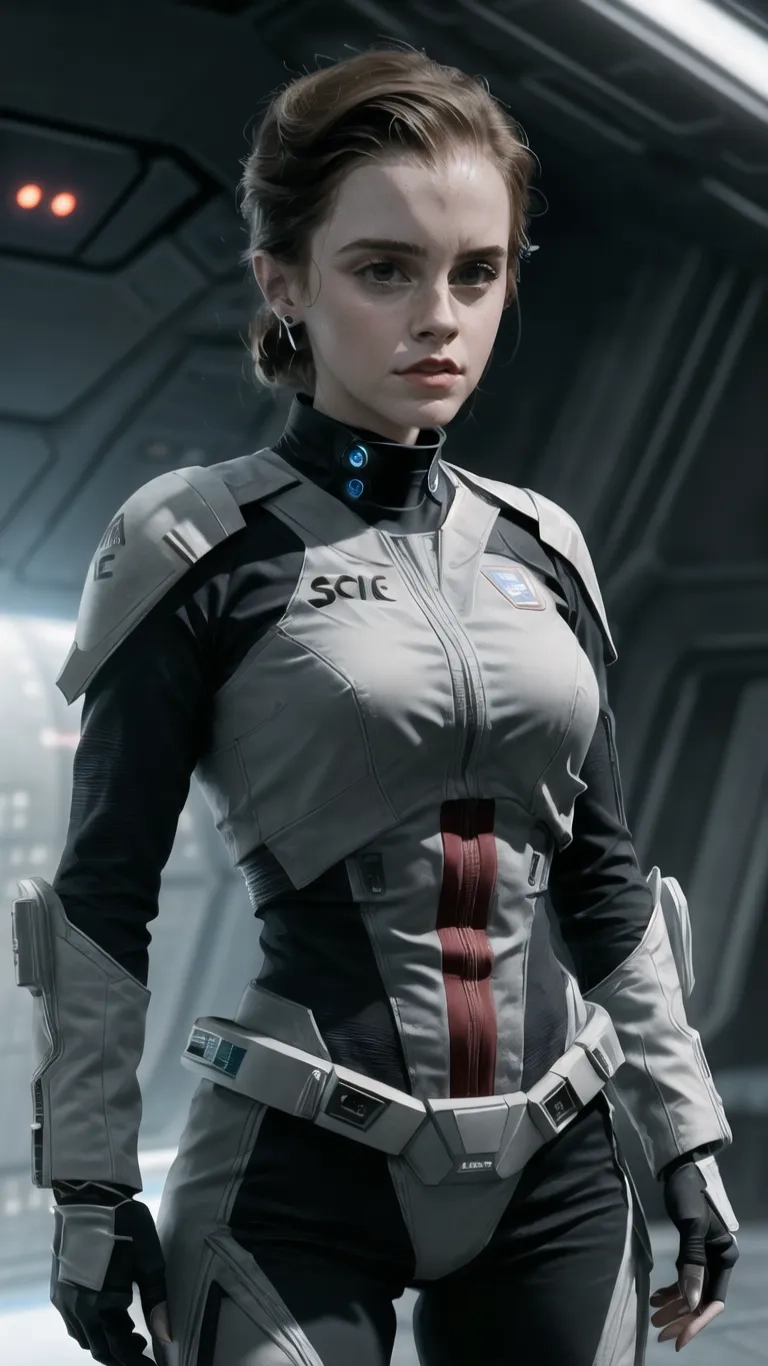 a woman with sci - fi clothing standing on a ramp in front of a spaceship ship looking towards the camera in a close up view, with hands on the waist to her chest and arms
