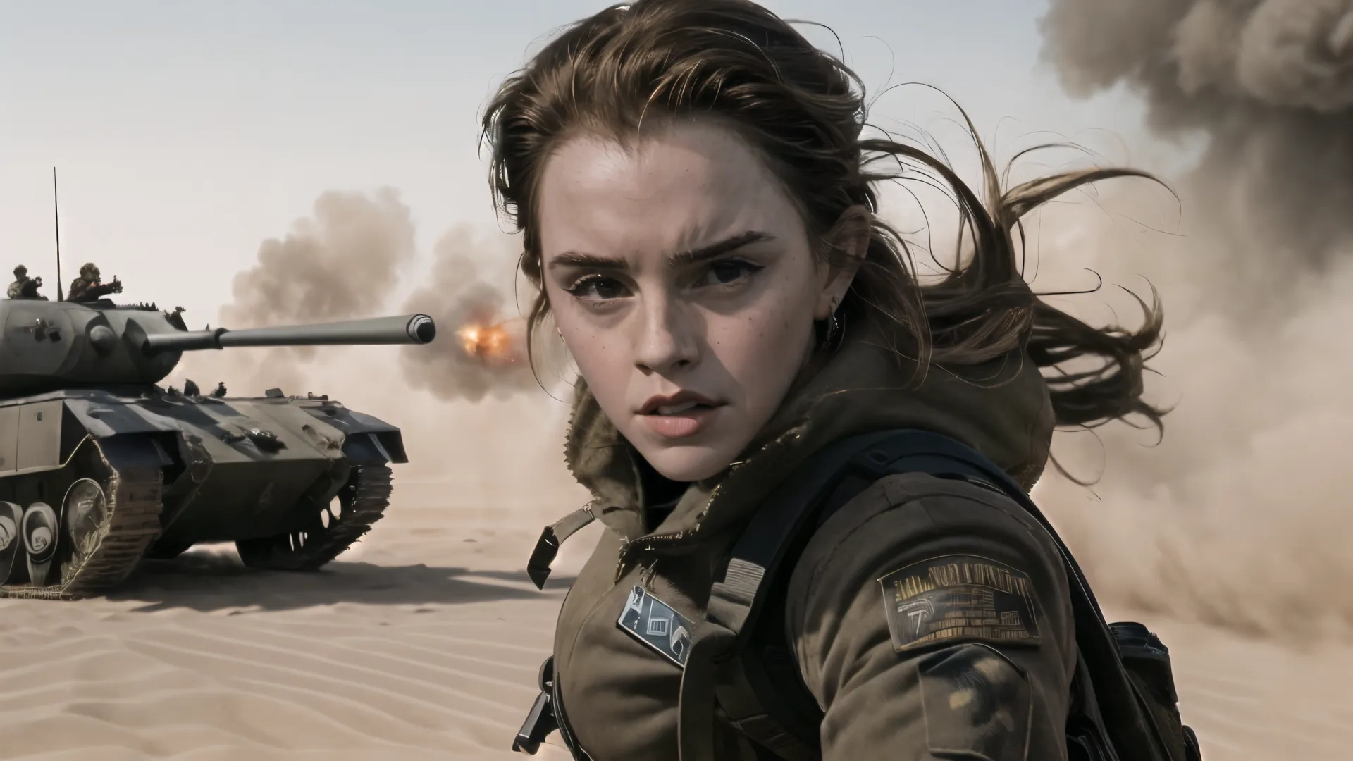 a woman is looking at the camera with battle in background as tanks burn on a dirt road and people look on from the sand dunes, in the distance,
