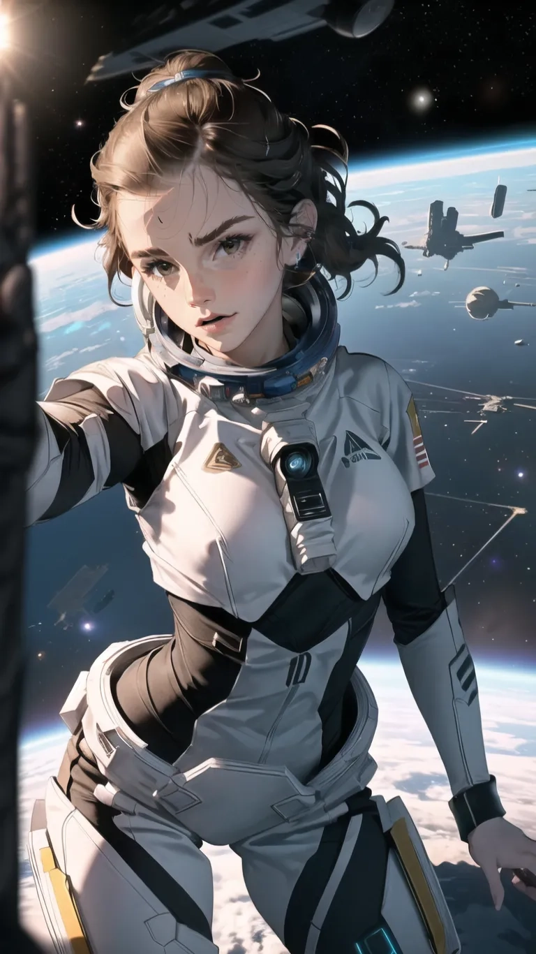 a lady is looking at the space from the top of an airplane in a space station, while another person in space holds out her hand and looks back towards her
