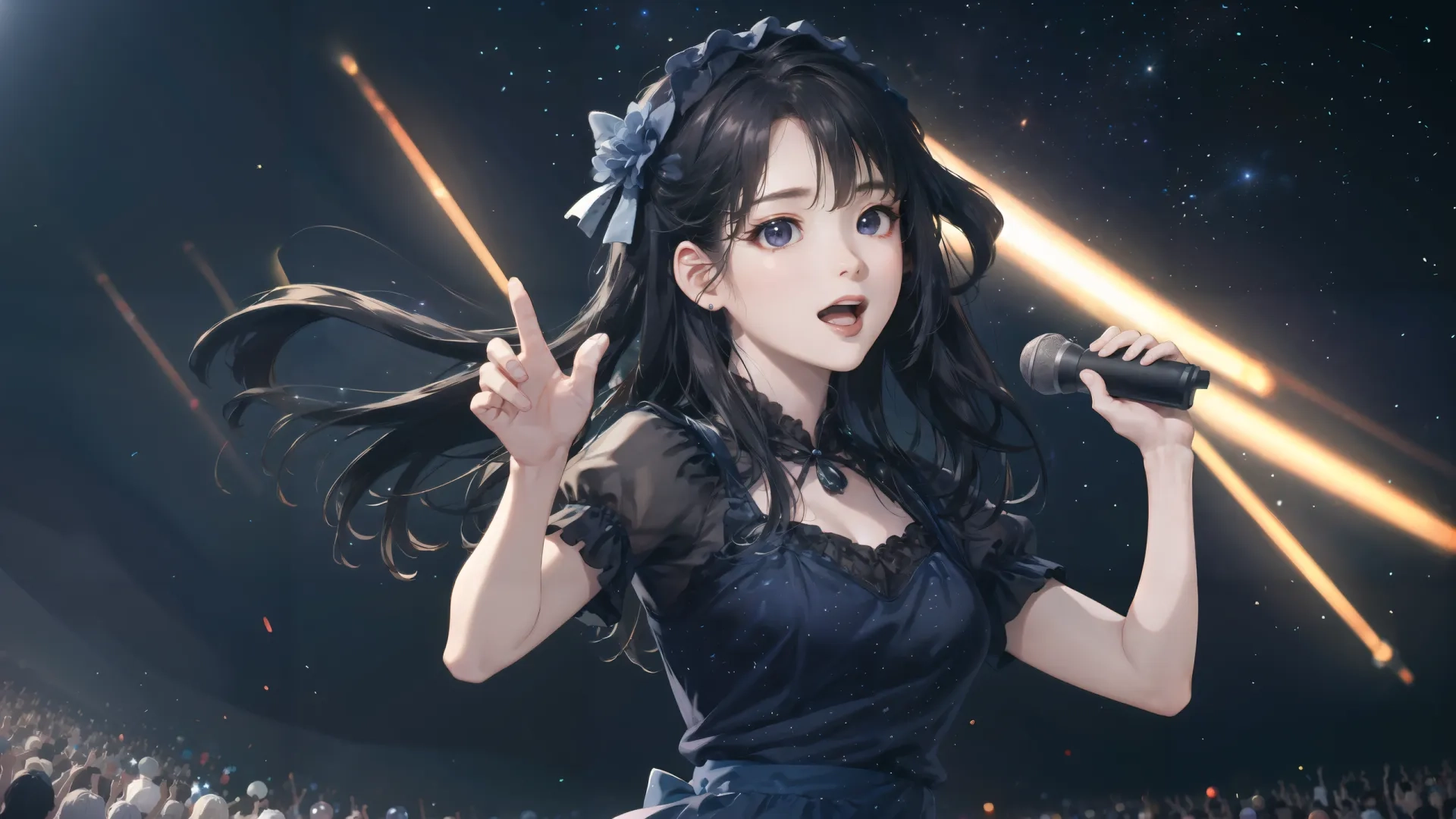 an anime girl in a short dress with an mic in her hand and other people watching from the ground behind her at night or a concert or show with the background
