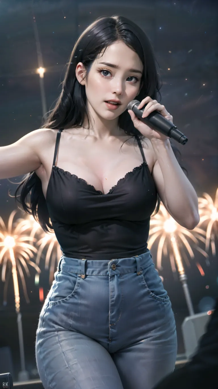 the girl in jeans is holding a microphone to her face and has a very large breaststorm as she sings into a mic on stage at an outdoor area with fireworks behind
