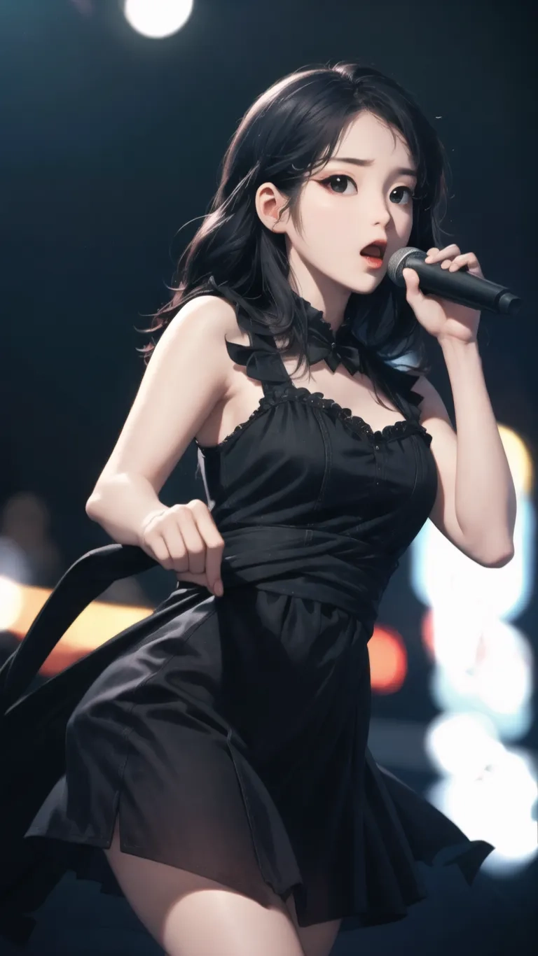 a woman in black outfit holding a microphone in hand and posing for the camera with one arm open and hands out on stage with the other arm on her hips
