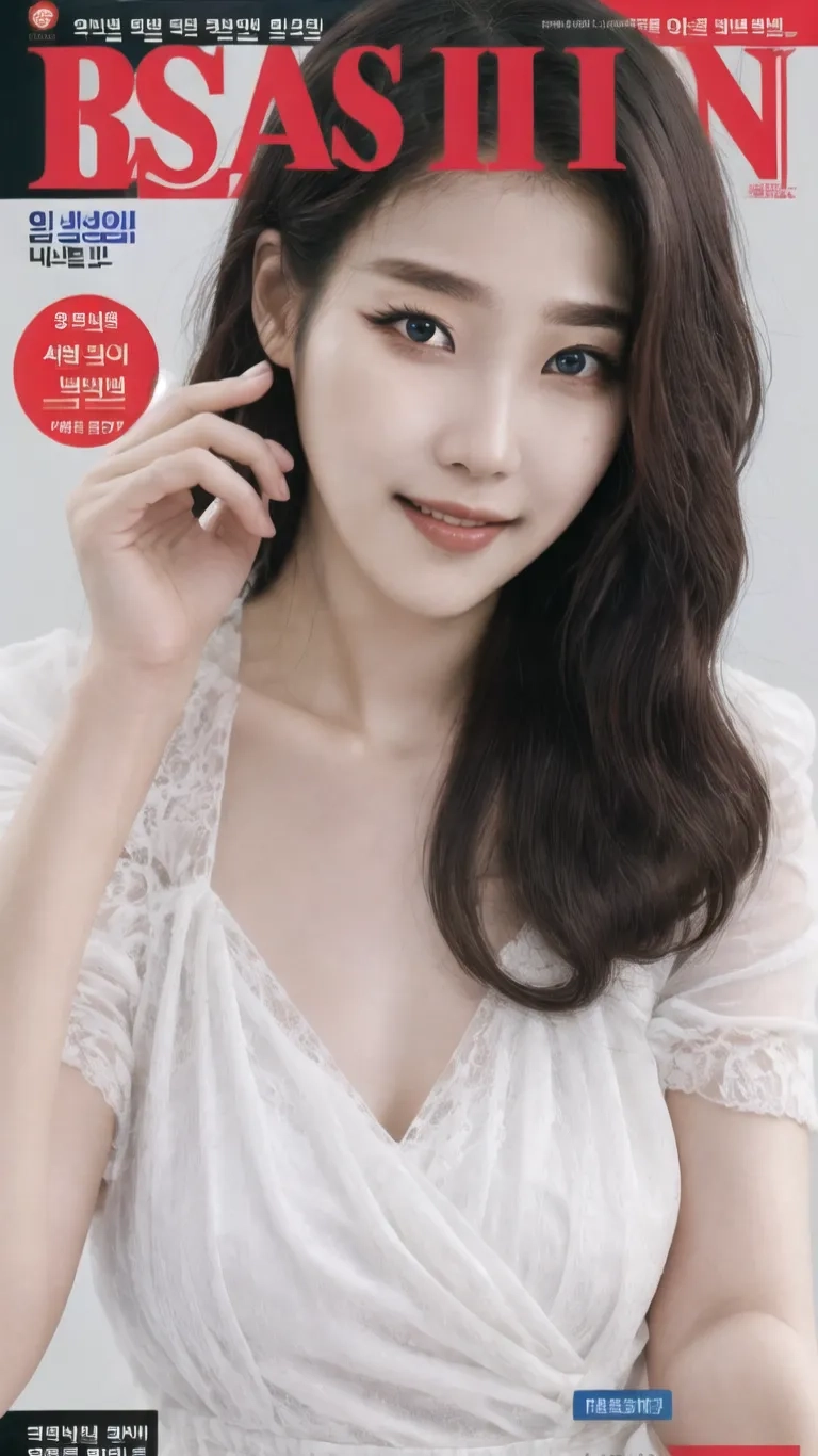 a woman is featured on the cover of a magazine with beautiful makeup and a smile for the camera it has a white dress that is long and is very low
