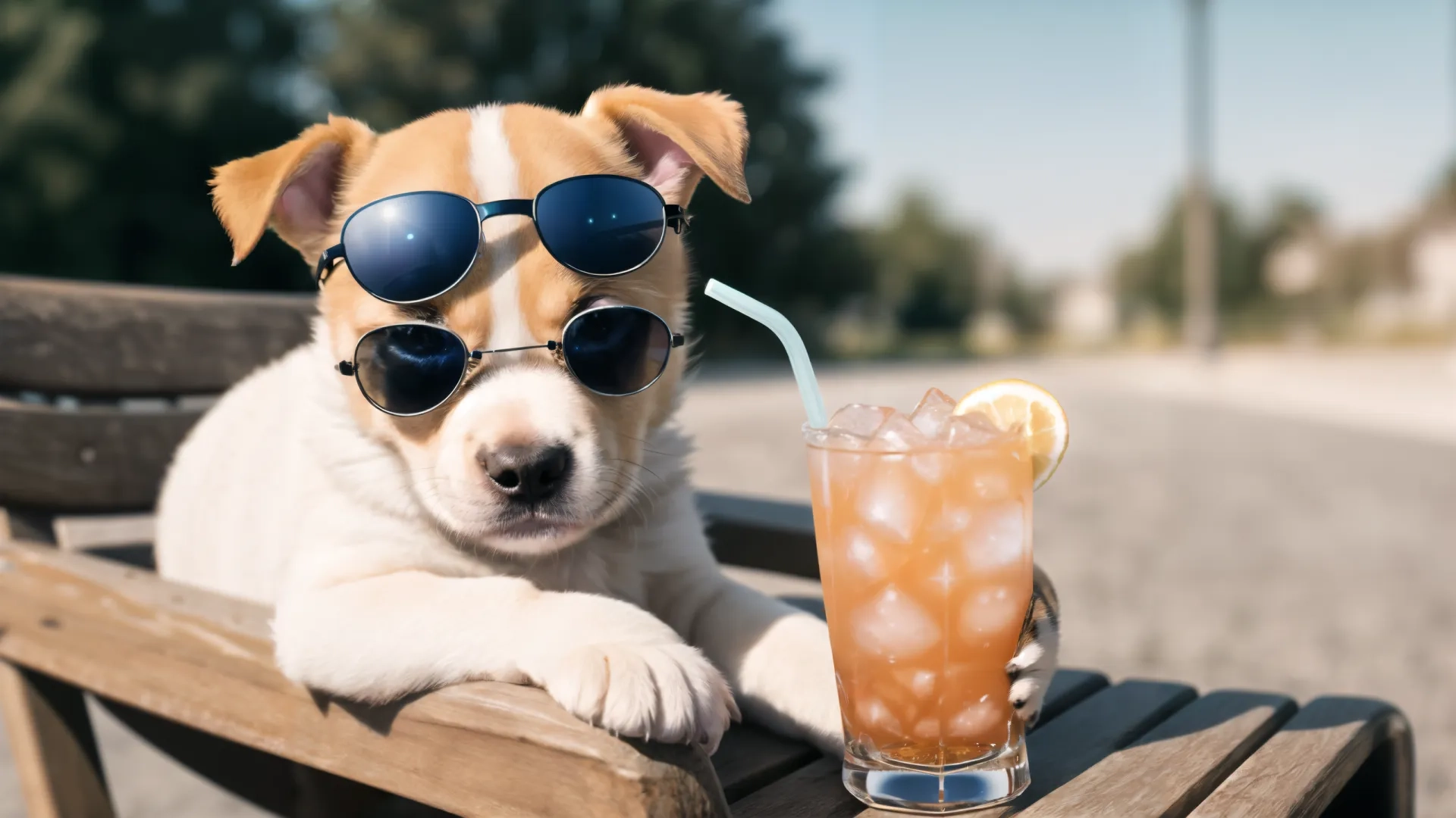 a dog sitting on a chair looking out the window, drinking a beverage from a straw in front of it with sunglasses on its head and wearing a black shades
