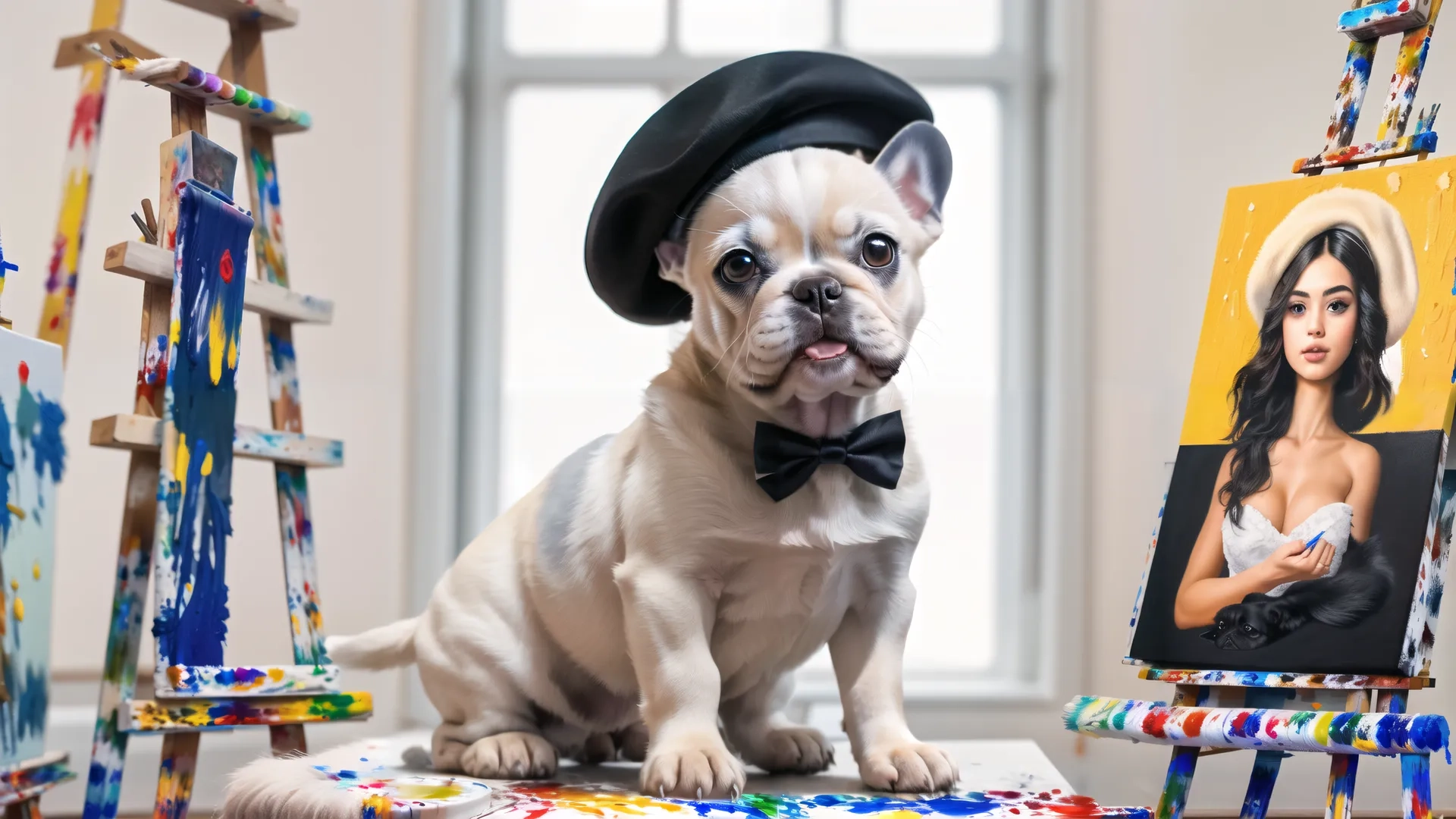 a dog sitting in front of a painting display with some chairs and art easels around it that has a small painting on the shelf behind it behind it and a picture on top
