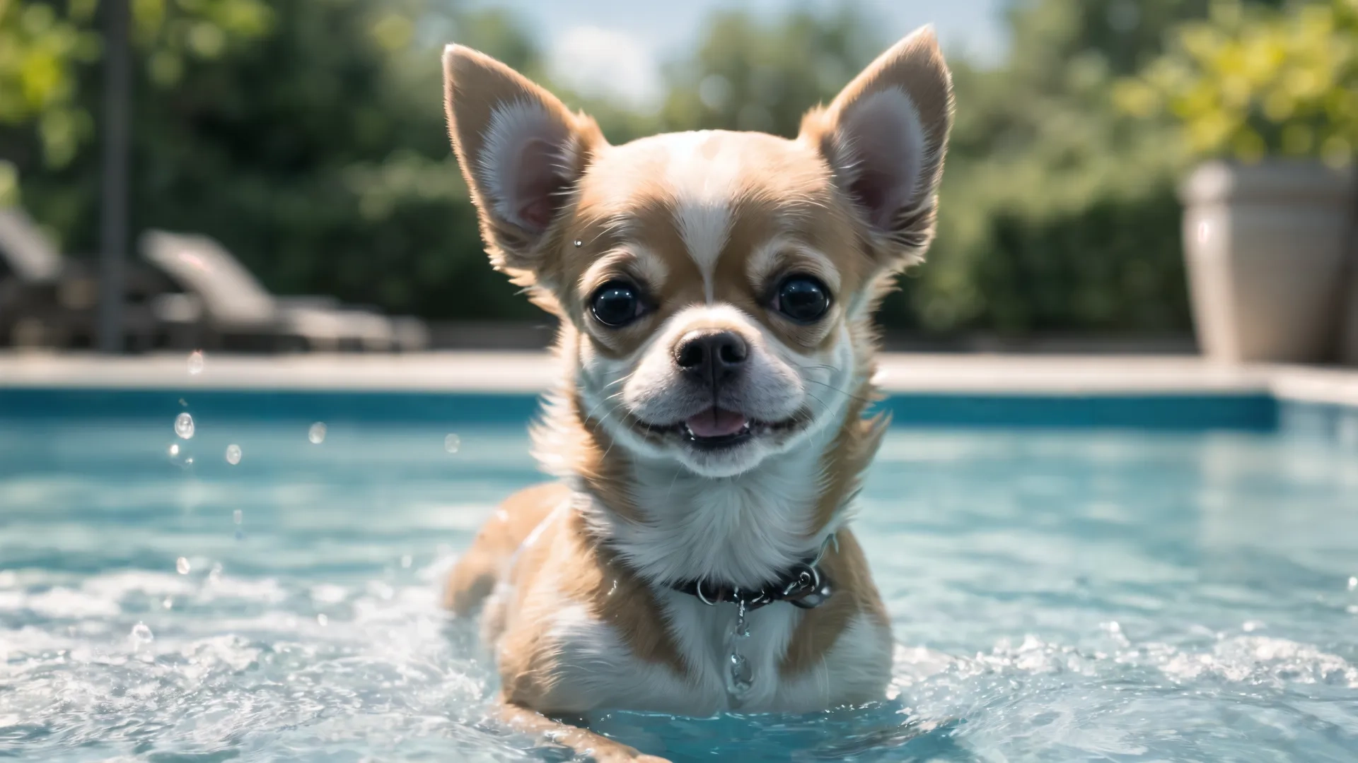 a tan and white dog in the water with his head sticking out of it's mouth with it's tongue out and one ear, while the other dog appears to be panting
